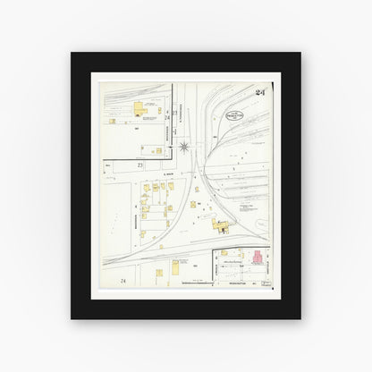 Old map wall art mockup — black gallery frame with white mat — Sanborn Fire Insurance Map from Princeton, Gibson County, Indiana (1907), Sheet #0024