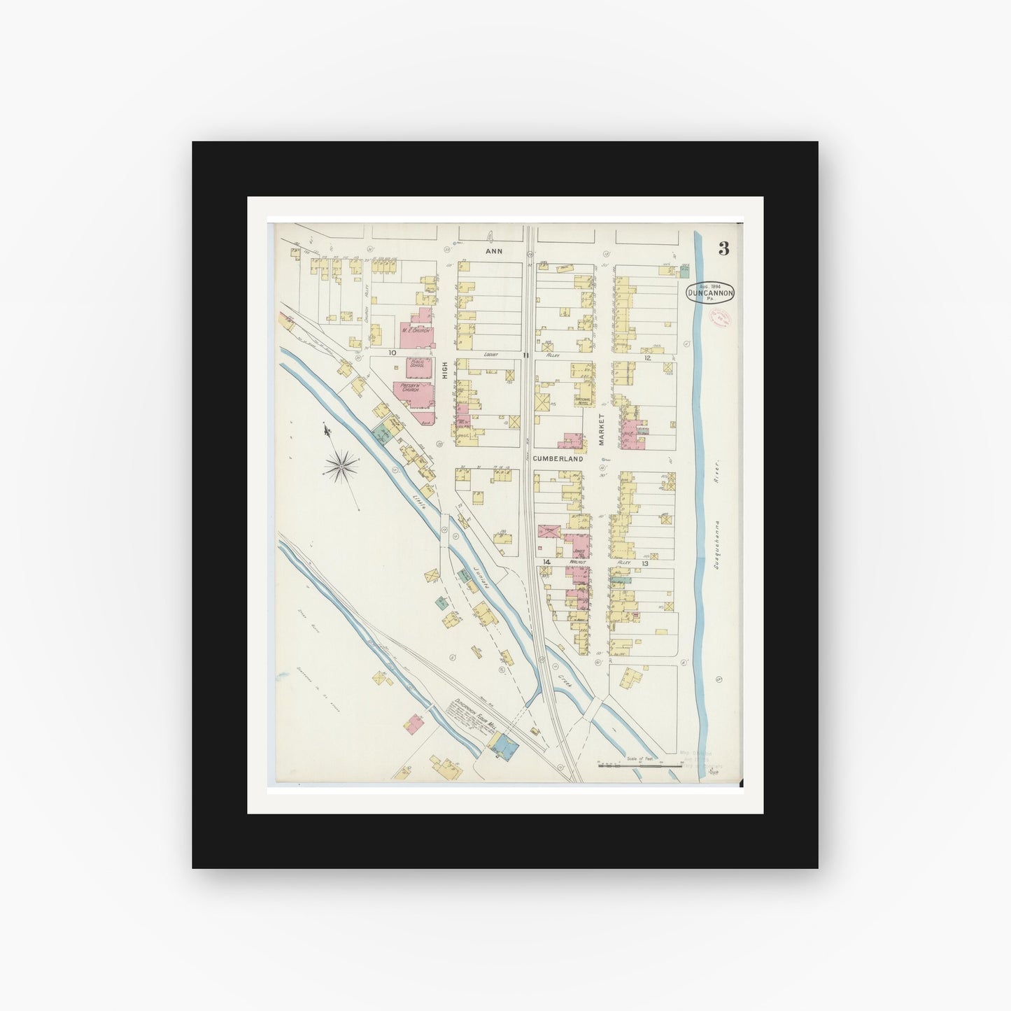 Old map wall art mockup — black gallery frame with white mat — Sanborn Fire Insurance Map from Duncannon, Perry County, Pennsylvania (1894), Sheet #0003