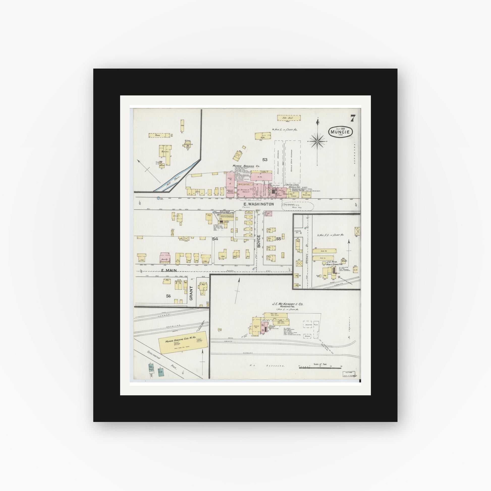 Old map wall art mockup — black gallery frame with white mat — Sanborn Fire Insurance Map from Muncie, Delaware County, Indiana (1889), Sheet #0007