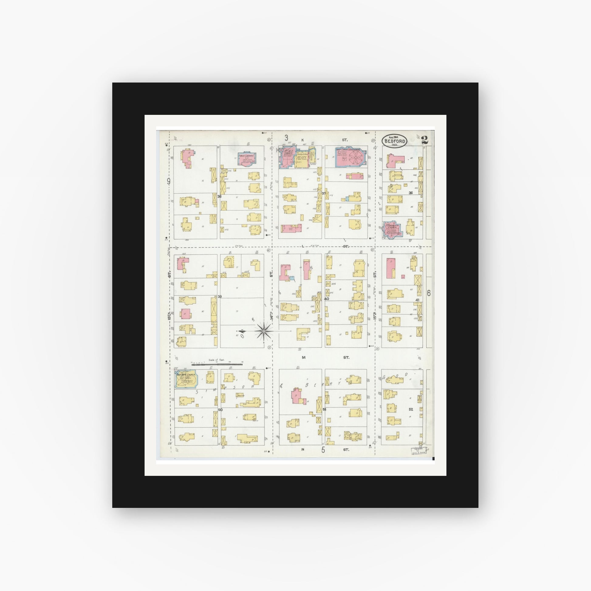 Old map wall art mockup — black gallery frame with white mat — Sanborn Fire Insurance Map from Bedford, Lawrence County, Indiana (1904), Sheet #0002
