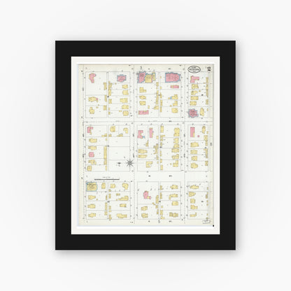 Old map wall art mockup — black gallery frame with white mat — Sanborn Fire Insurance Map from Bedford, Lawrence County, Indiana (1904), Sheet #0002