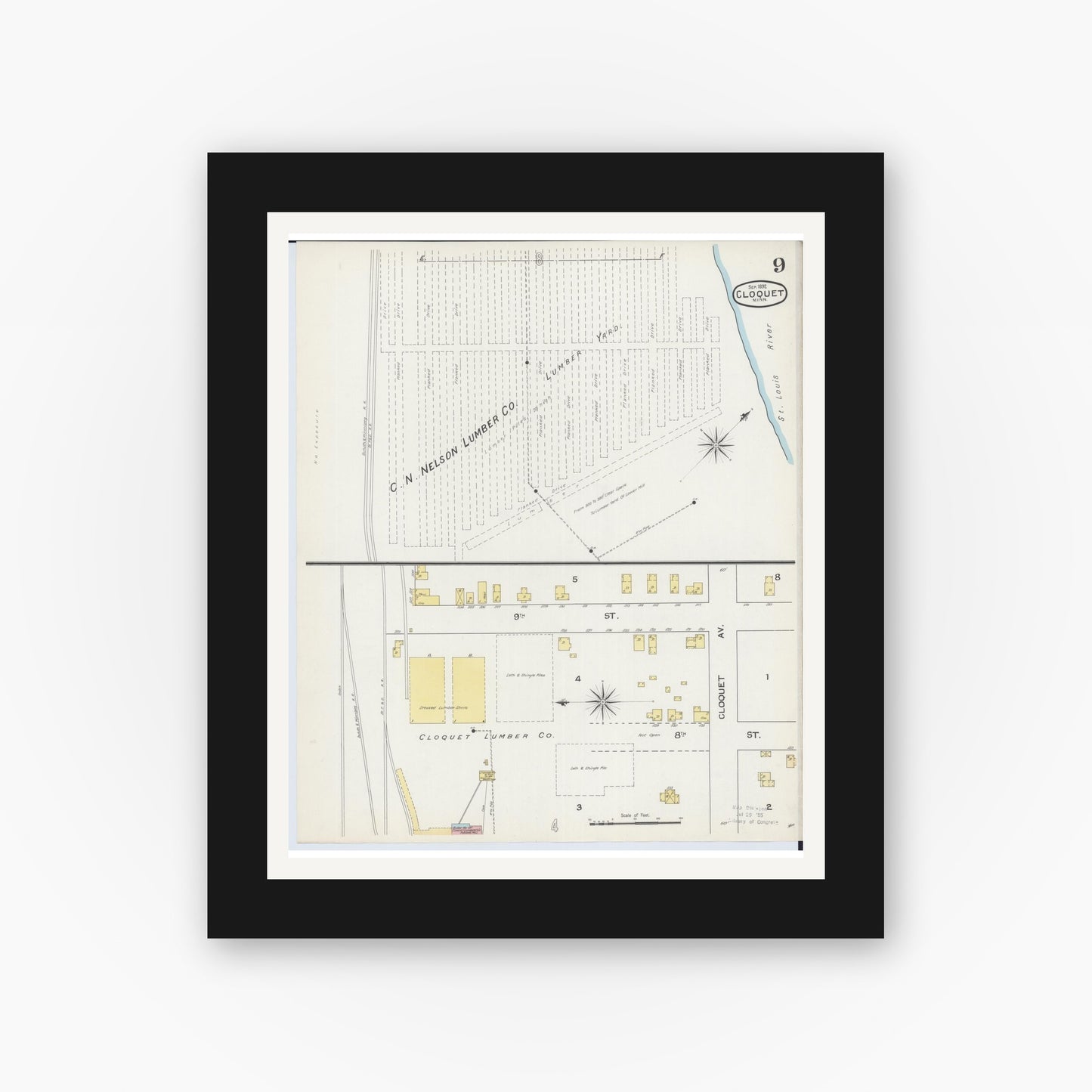 Old map wall art mockup — black gallery frame with white mat — Sanborn Fire Insurance Map from Cloquet, Carlton County, Minnesota (1892), Sheet #0009
