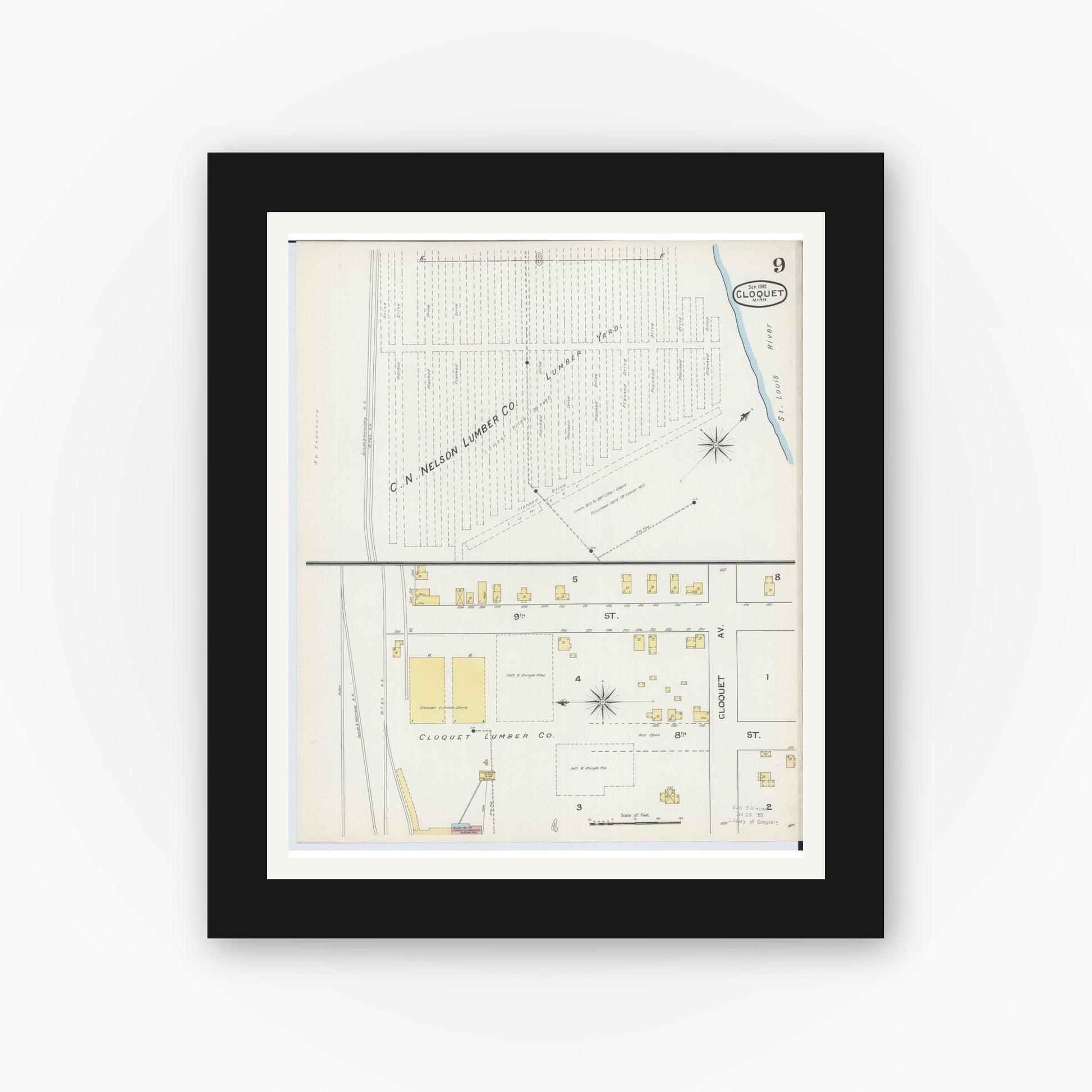 Old map wall art mockup — black gallery frame with white mat — Sanborn Fire Insurance Map from Cloquet, Carlton County, Minnesota (1892), Sheet #0009