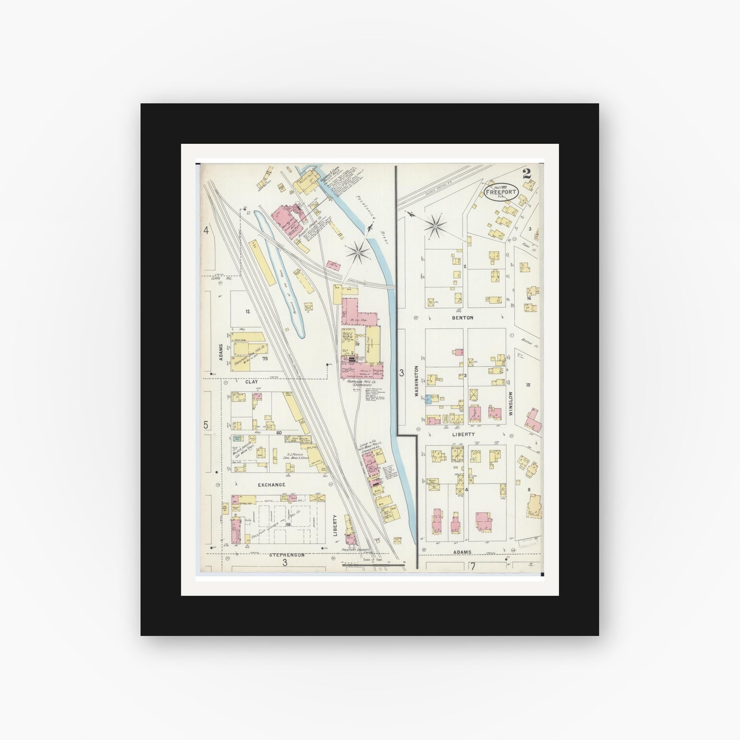 Old map wall art mockup — black gallery frame with white mat — Sanborn Fire Insurance Map from Freeport, Stephenson County, Illinois (1897), Sheet #0002