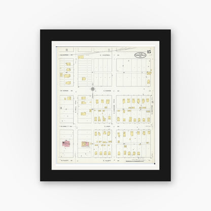 Old map wall art mockup — black gallery frame with white mat — Sanborn Fire Insurance Map from Fergus Falls, Otter Tail County, Minnesota (1915), Sheet #0015
