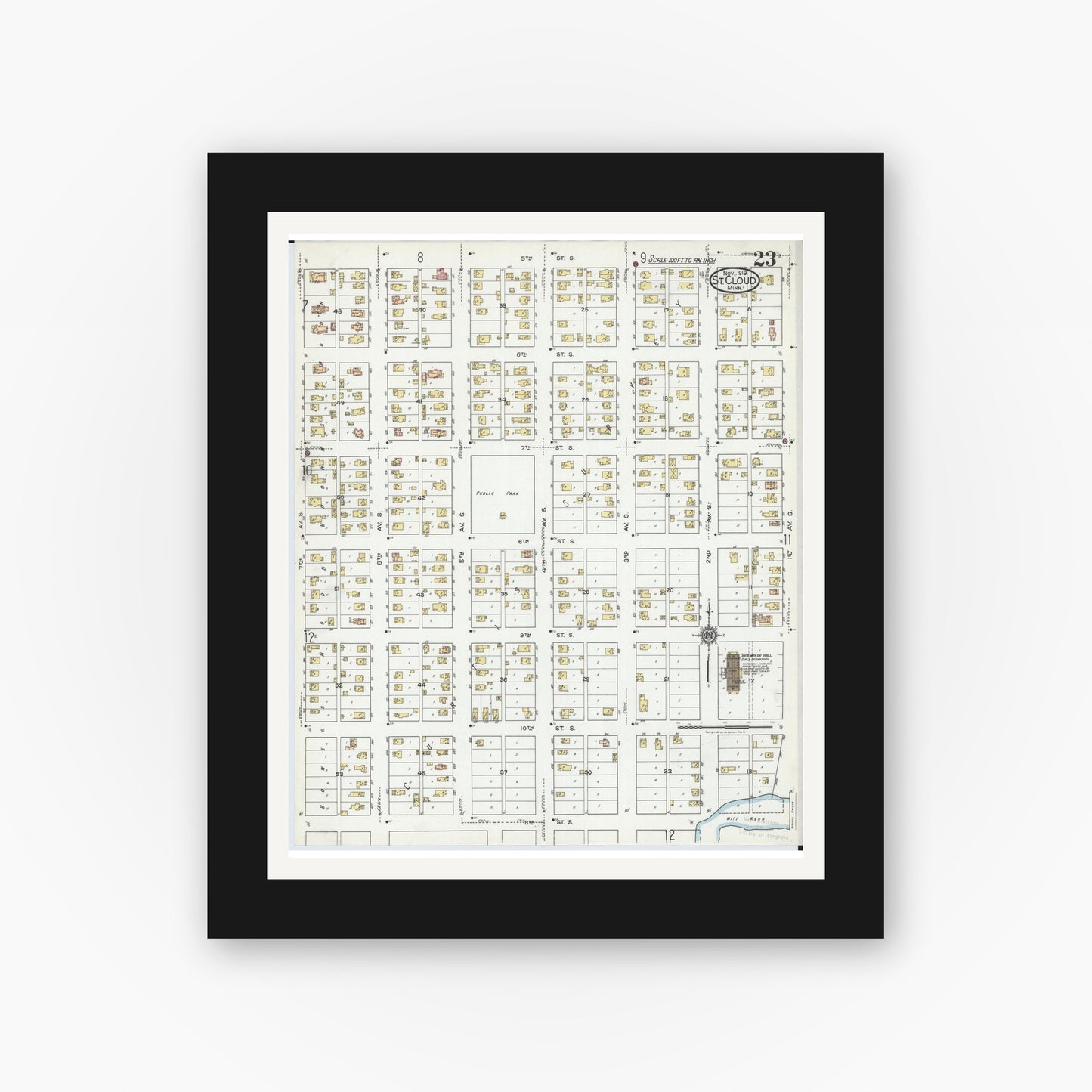 Old map wall art mockup — black gallery frame with white mat — Sanborn Fire Insurance Map from Saint Cloud, Stearns, Benton, and Sherburne Counties, Minnesota (1919), Sheet #0023