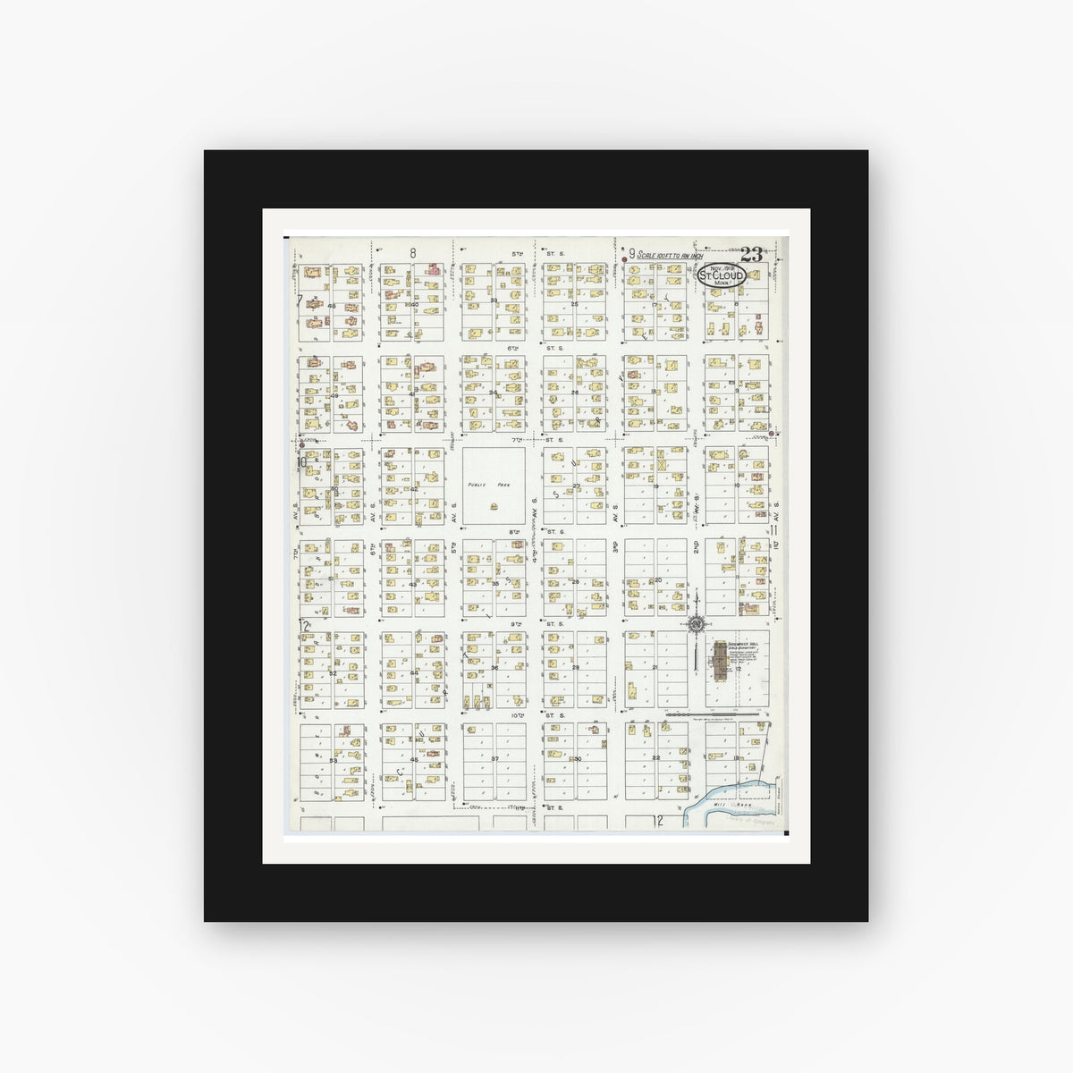 Old map wall art mockup — black gallery frame with white mat — Sanborn Fire Insurance Map from Saint Cloud, Stearns, Benton, and Sherburne Counties, Minnesota (1919), Sheet #0023