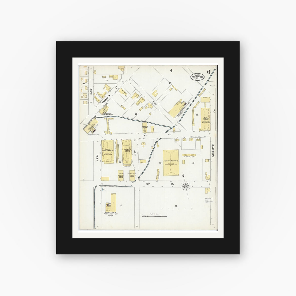 Old map wall art mockup — black gallery frame with white mat — Sanborn Fire Insurance Map from Greenville, Pitt County, North Carolina (1900), Sheet #0006
