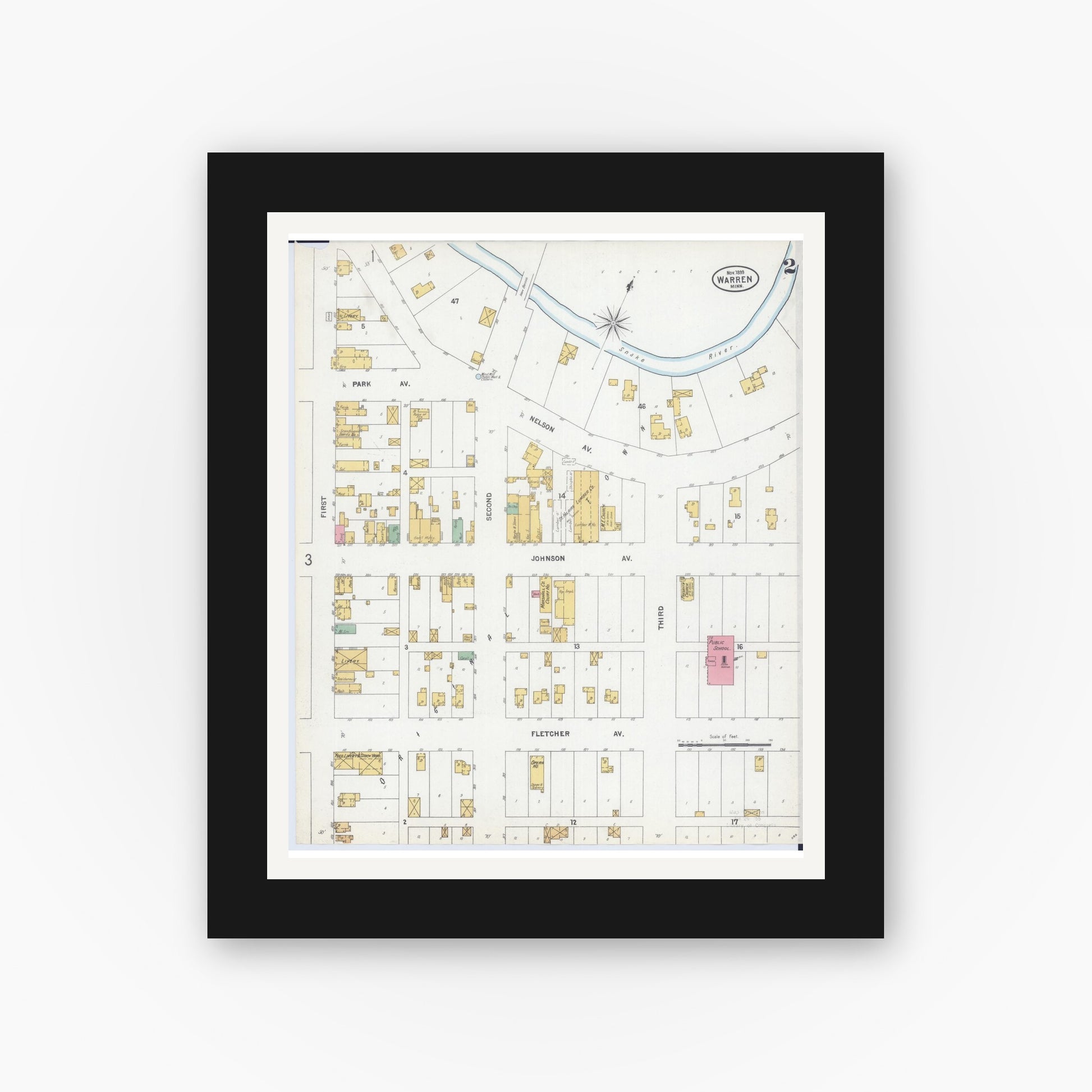 Old map wall art mockup — black gallery frame with white mat — Sanborn Fire Insurance Map from Warren, Marshall County, Minnesota (1899), Sheet #0002