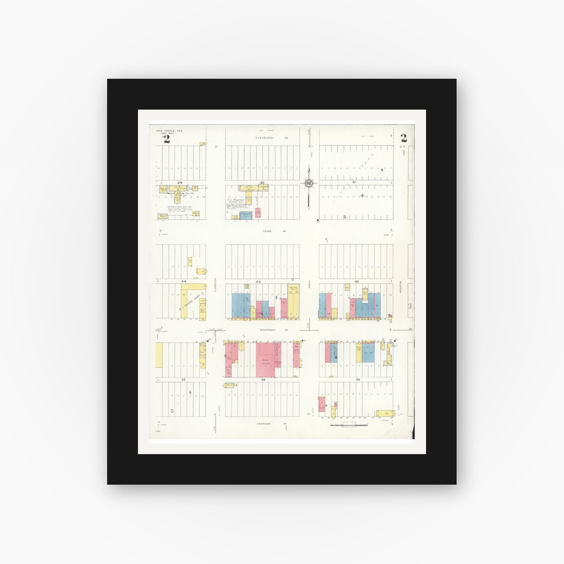 Old map wall art mockup — black gallery frame with white mat — Sanborn Fire Insurance Map from Newcastle, Young County, Texas (1933), Sheet #0002