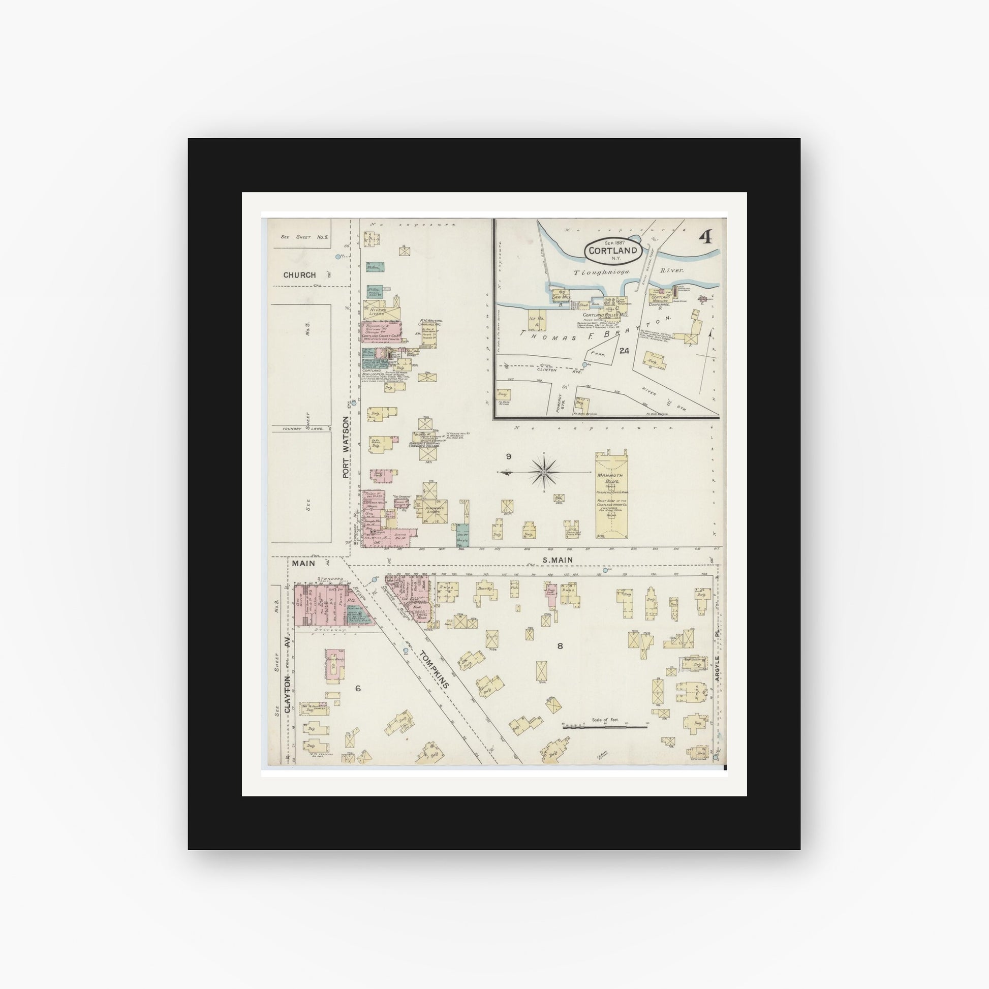 Old map wall art mockup — black gallery frame with white mat — Sanborn Fire Insurance Map from Cortland, Cortland County, New York (1887), Sheet #0004