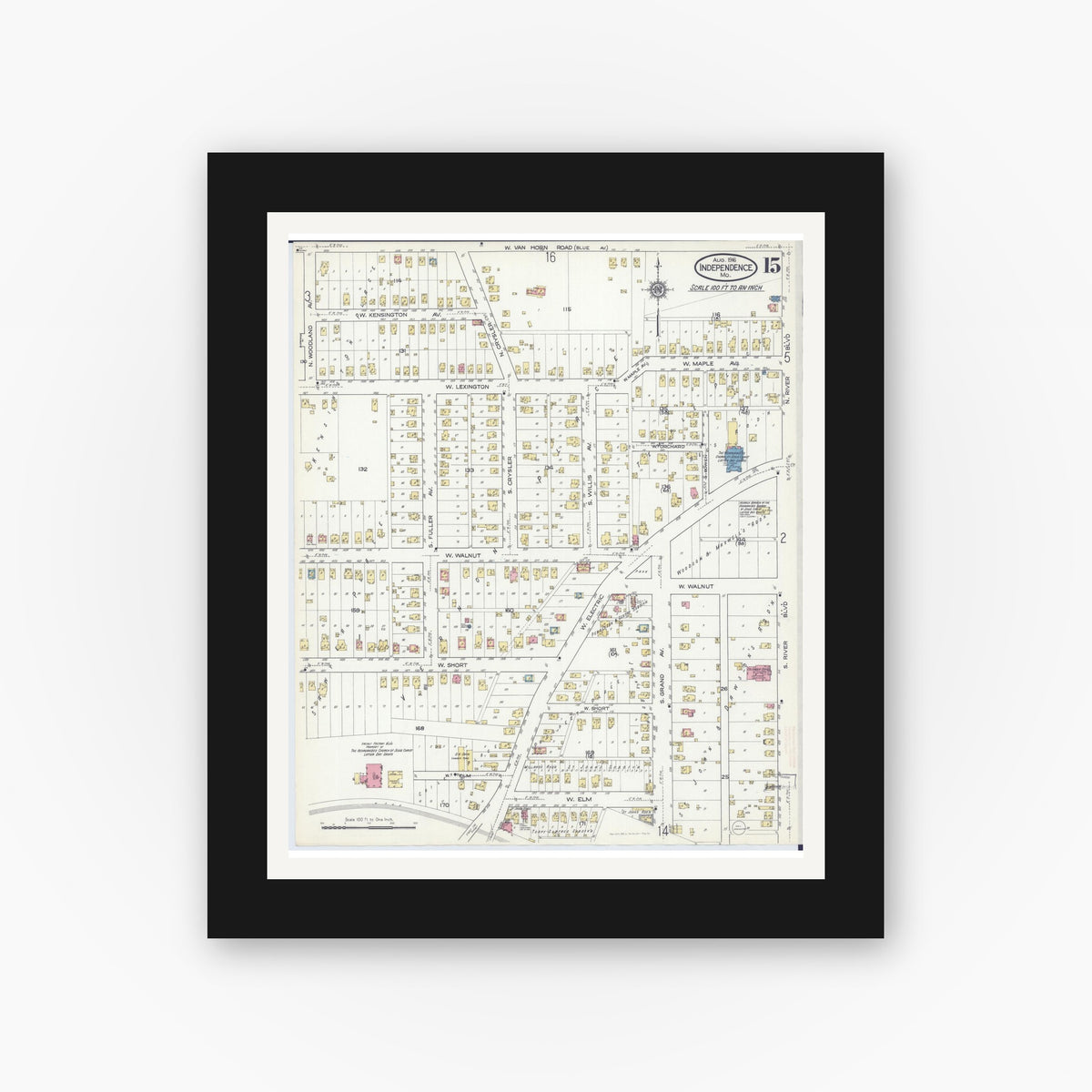 Old map wall art mockup — black gallery frame with white mat — Sanborn Fire Insurance Map from Independence, Jackson County, Missouri (1916), Sheet #0015