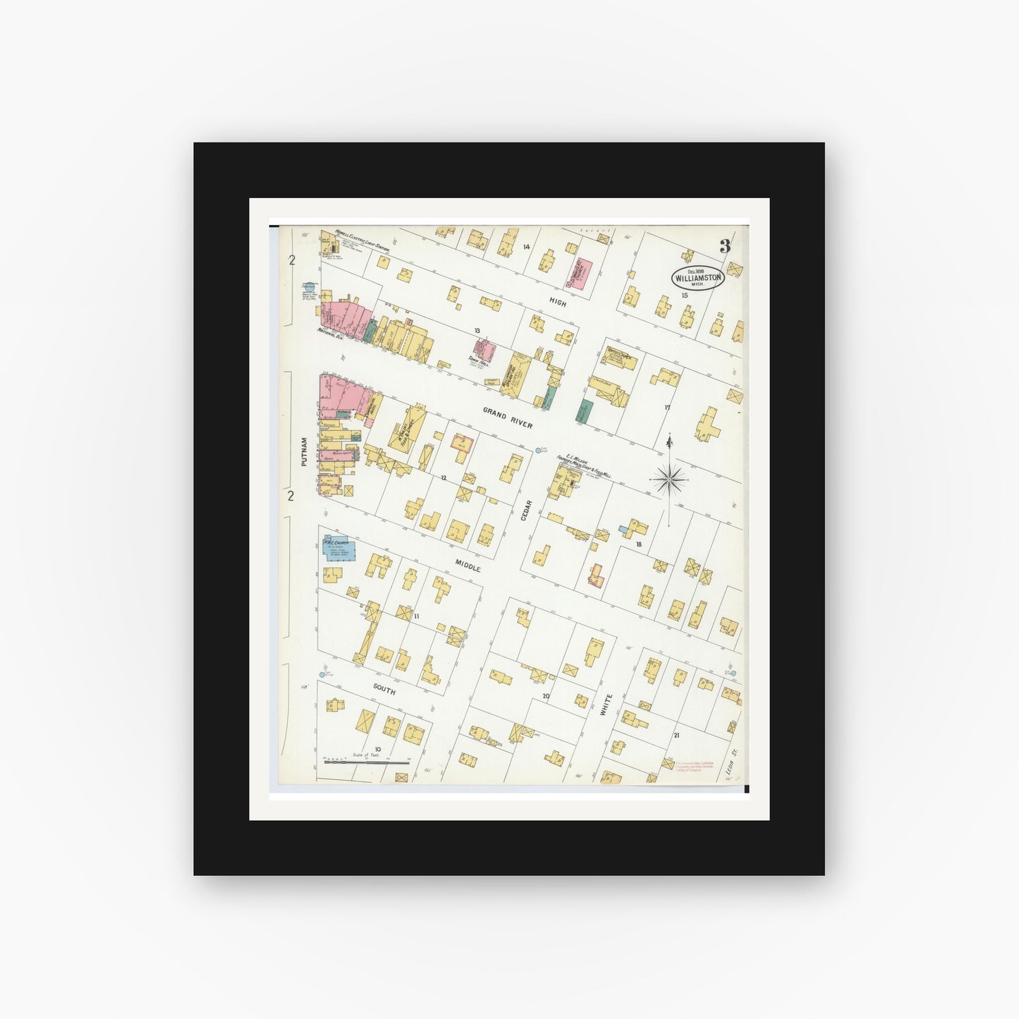 Old map wall art mockup — black gallery frame with white mat — Sanborn Fire Insurance Map from Williamston, Ingham County, Michigan (1899), Sheet #0003