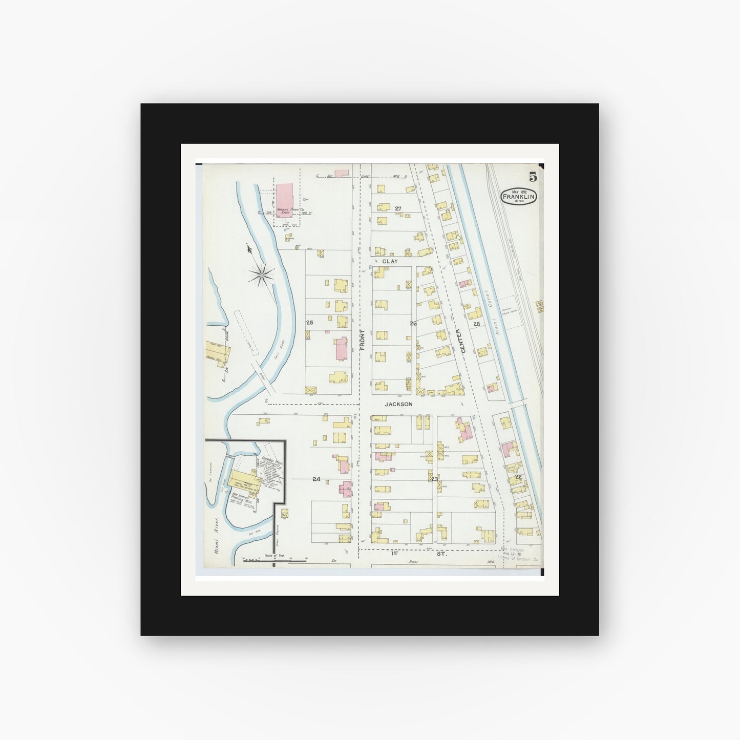 Old map wall art mockup — black gallery frame with white mat — Sanborn Fire Insurance Map from Franklin, Warren County, Ohio (1892), Sheet #0005