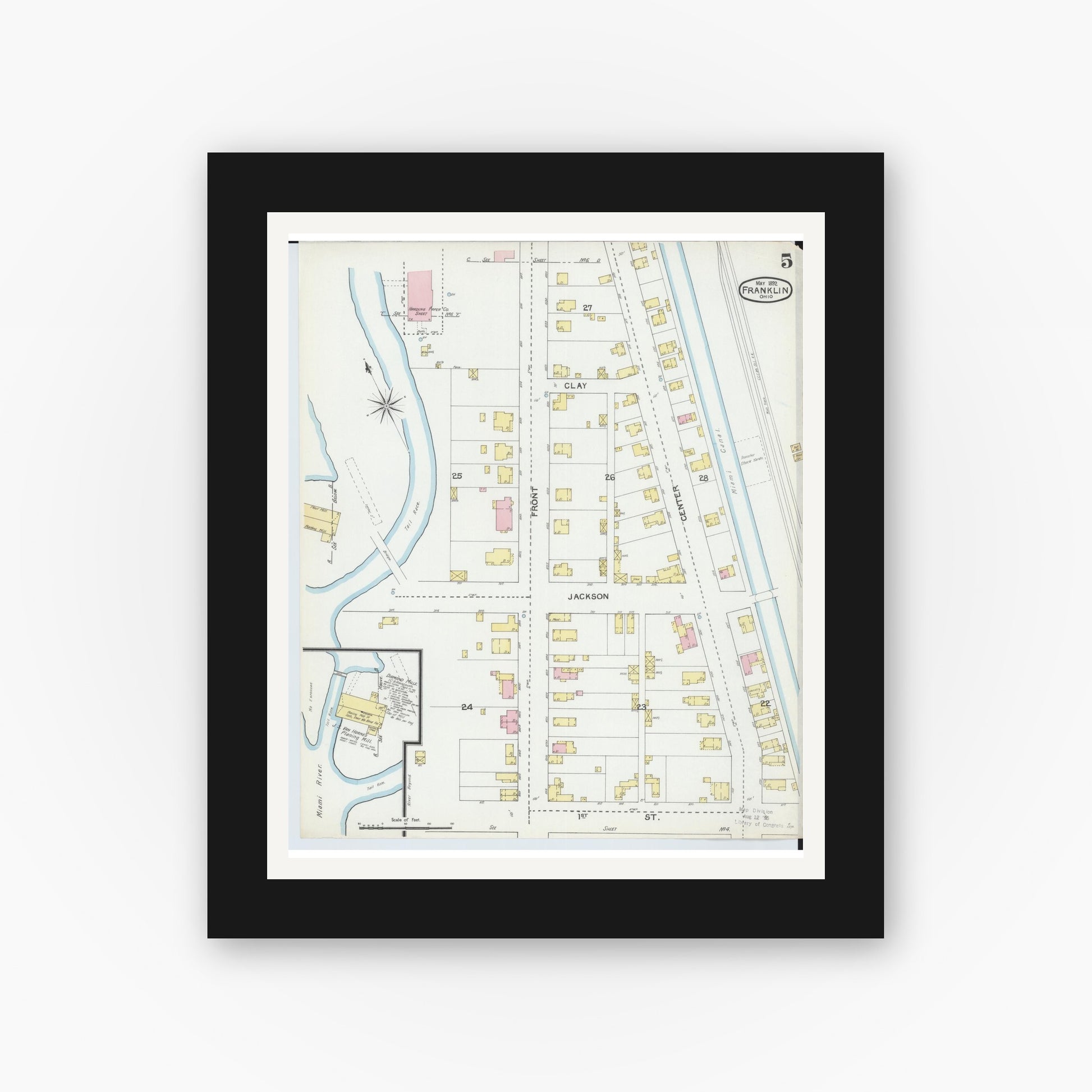 Old map wall art mockup — black gallery frame with white mat — Sanborn Fire Insurance Map from Franklin, Warren County, Ohio (1892), Sheet #0005