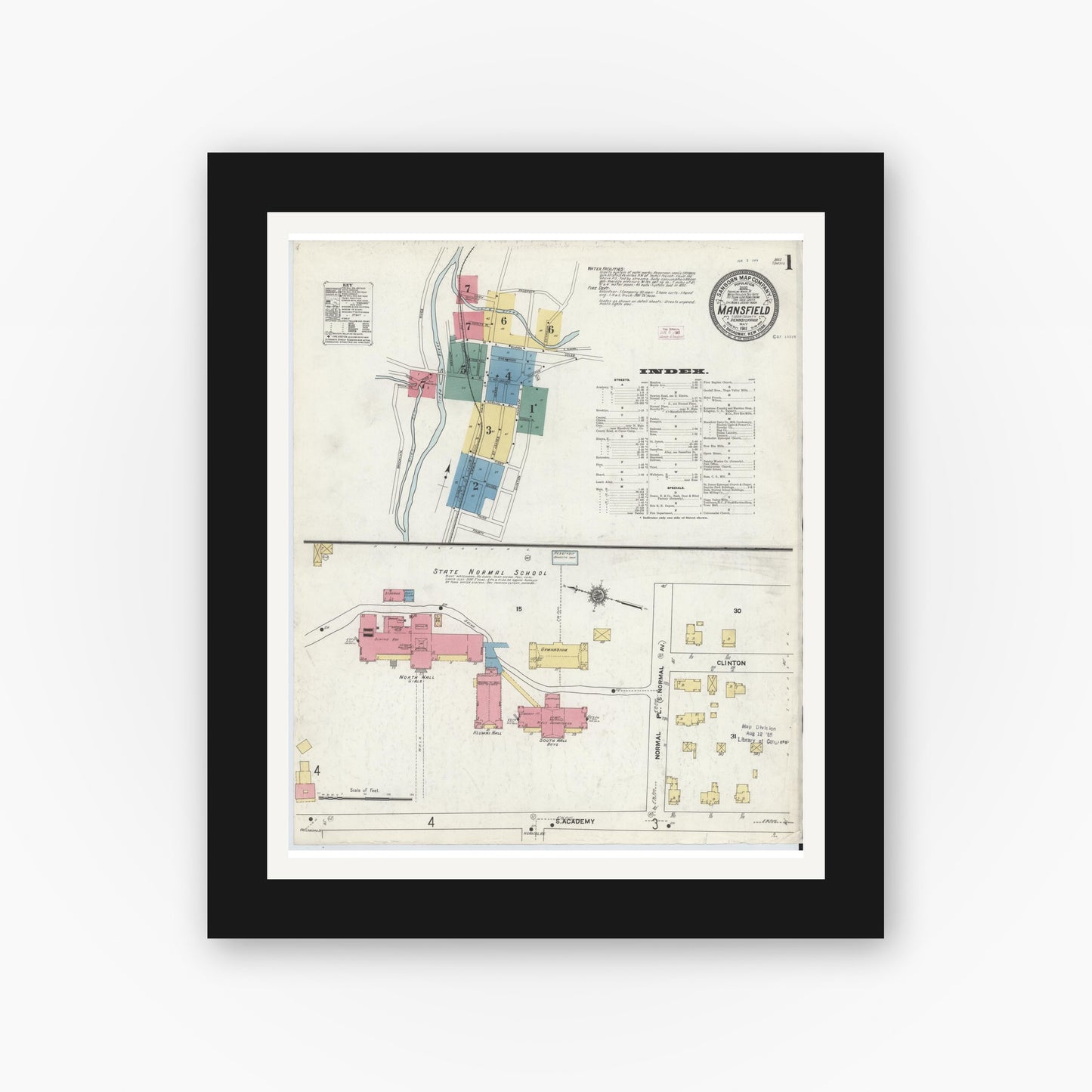 Old map wall art mockup — black gallery frame with white mat — Sanborn Fire Insurance Map from Mansfield, Tioga County, Pennsylvania (1911), Sheet #0001