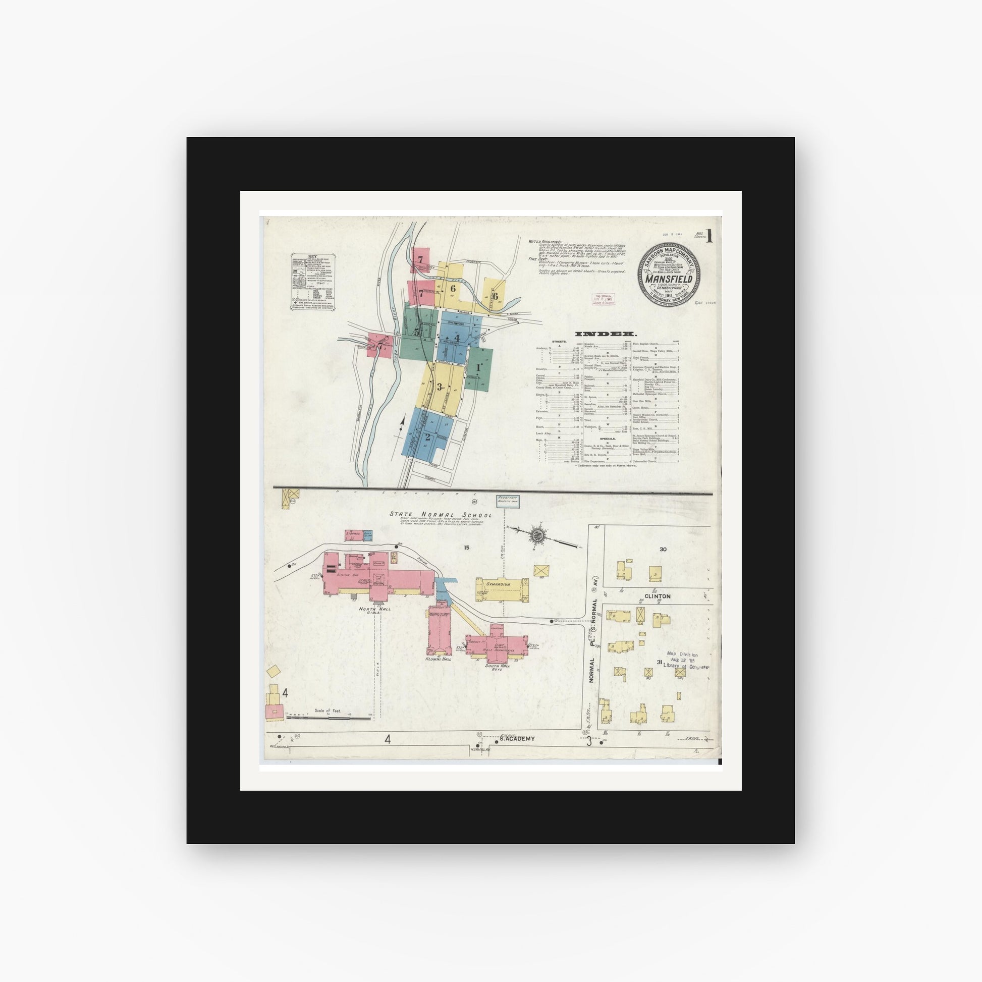 Old map wall art mockup — black gallery frame with white mat — Sanborn Fire Insurance Map from Mansfield, Tioga County, Pennsylvania (1911), Sheet #0001
