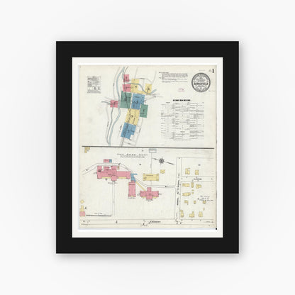 Old map wall art mockup — black gallery frame with white mat — Sanborn Fire Insurance Map from Mansfield, Tioga County, Pennsylvania (1911), Sheet #0001