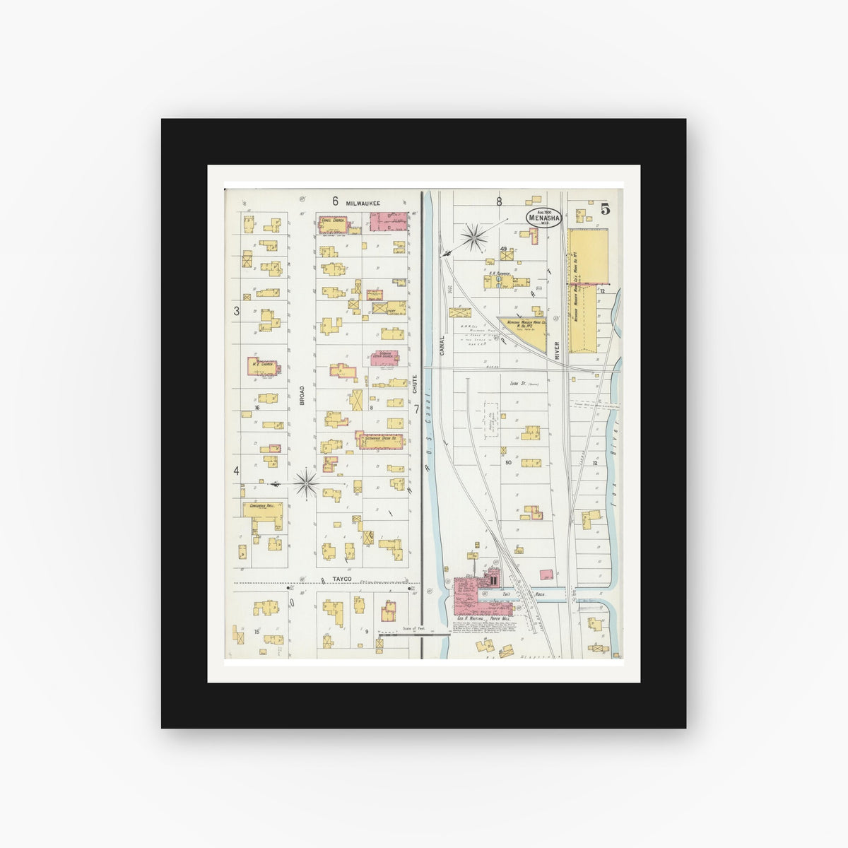 Old map wall art mockup — black gallery frame with white mat — Sanborn Fire Insurance Map from Menasha, Winnebago County, Wisconsin (1900), Sheet #0005