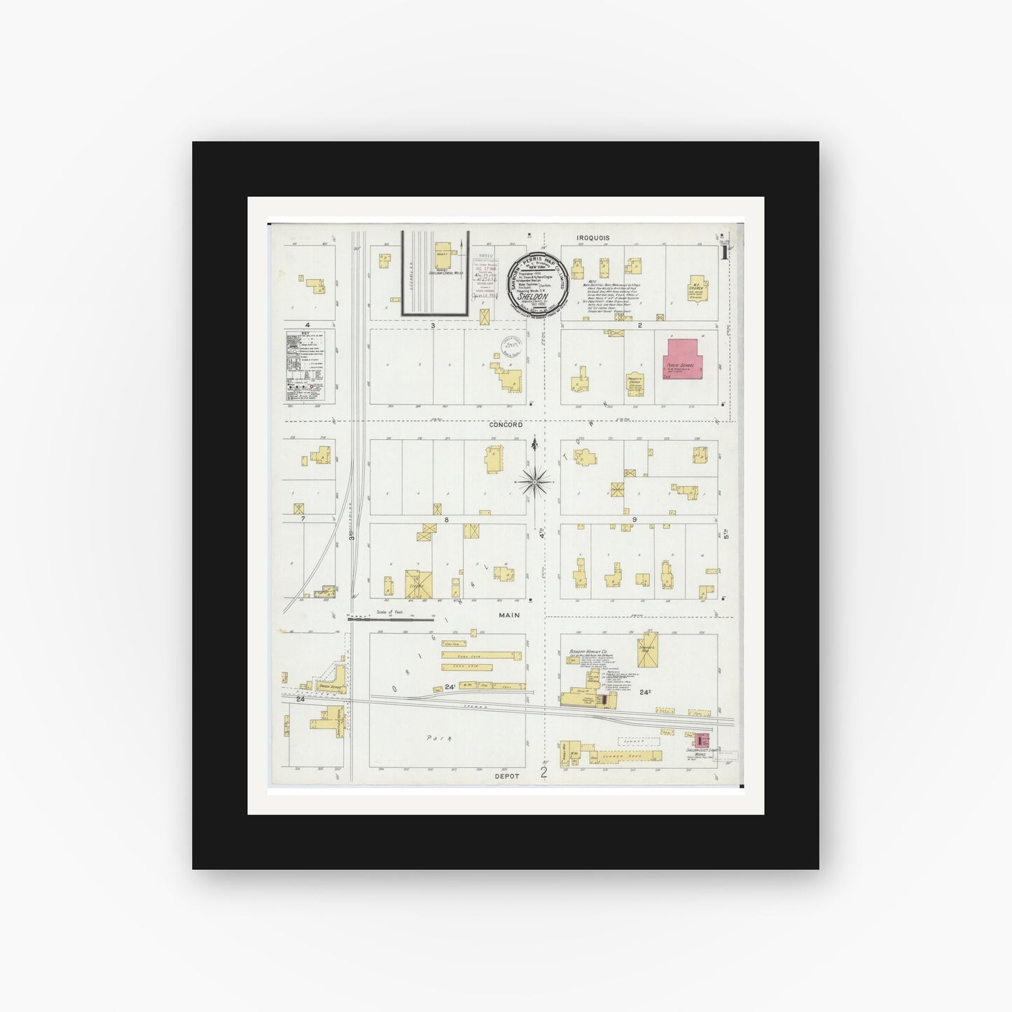 Old map wall art mockup — black gallery frame with white mat — Sanborn Fire Insurance Map from Sheldon, Iroquois County, Illinois (1900) - Complete Map Set