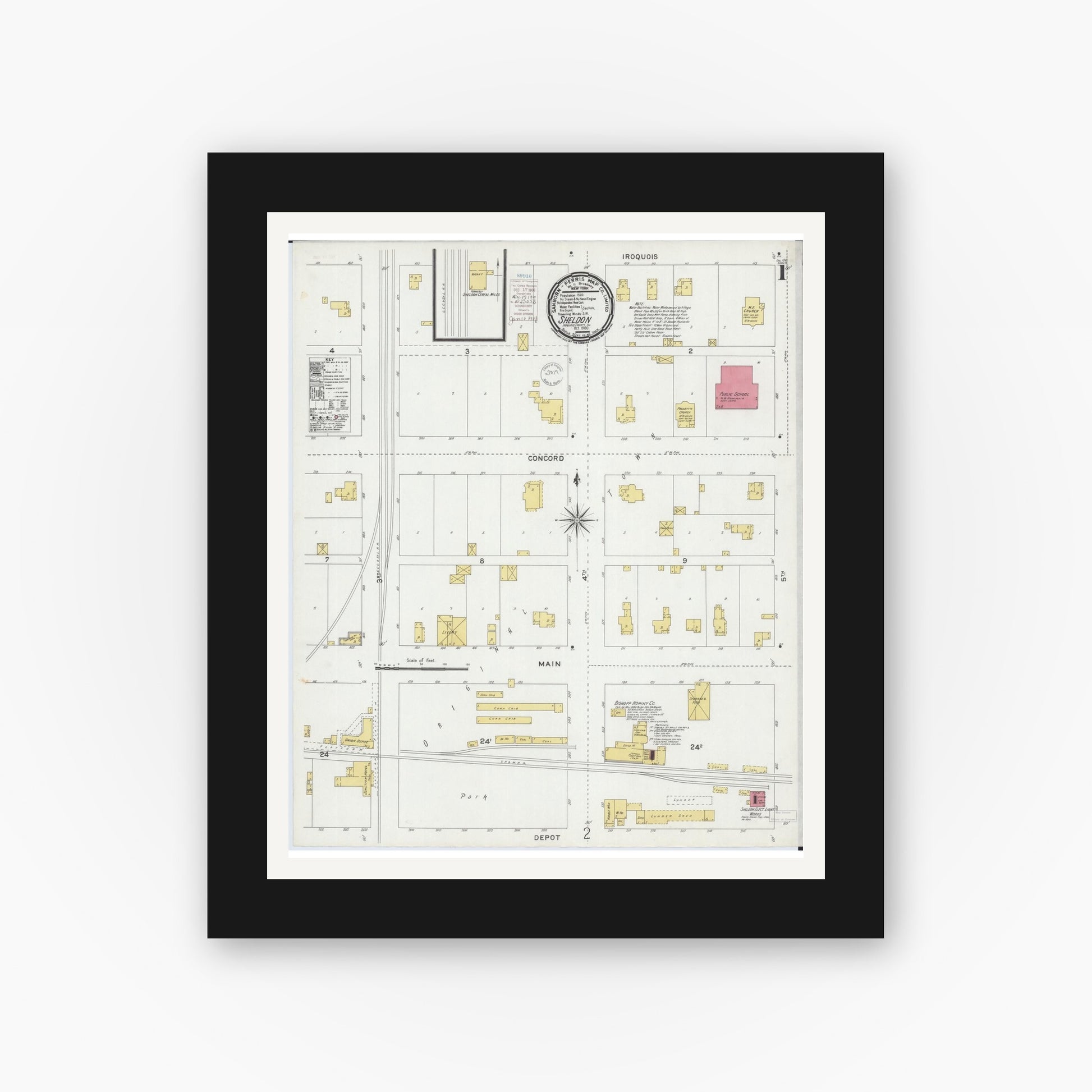 Old map wall art mockup — black gallery frame with white mat — Sanborn Fire Insurance Map from Sheldon, Iroquois County, Illinois (1900) - Complete Map Set