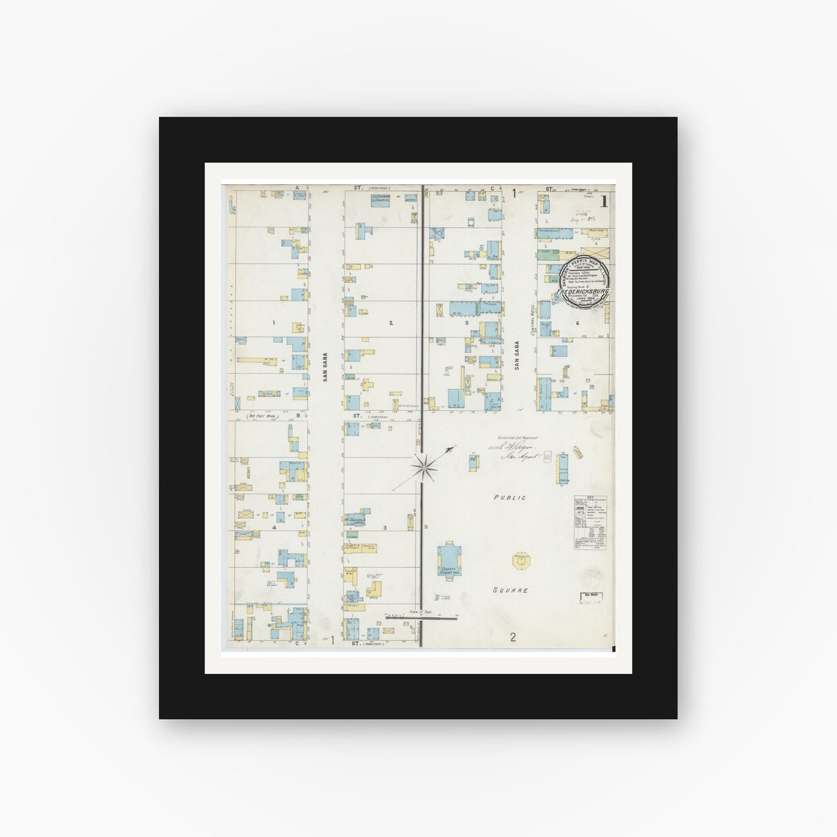 Old map wall art mockup — black gallery frame with white mat — Sanborn Fire Insurance Map from Fredericksburg, Gillespie County, Texas (1896), Sheet #0001