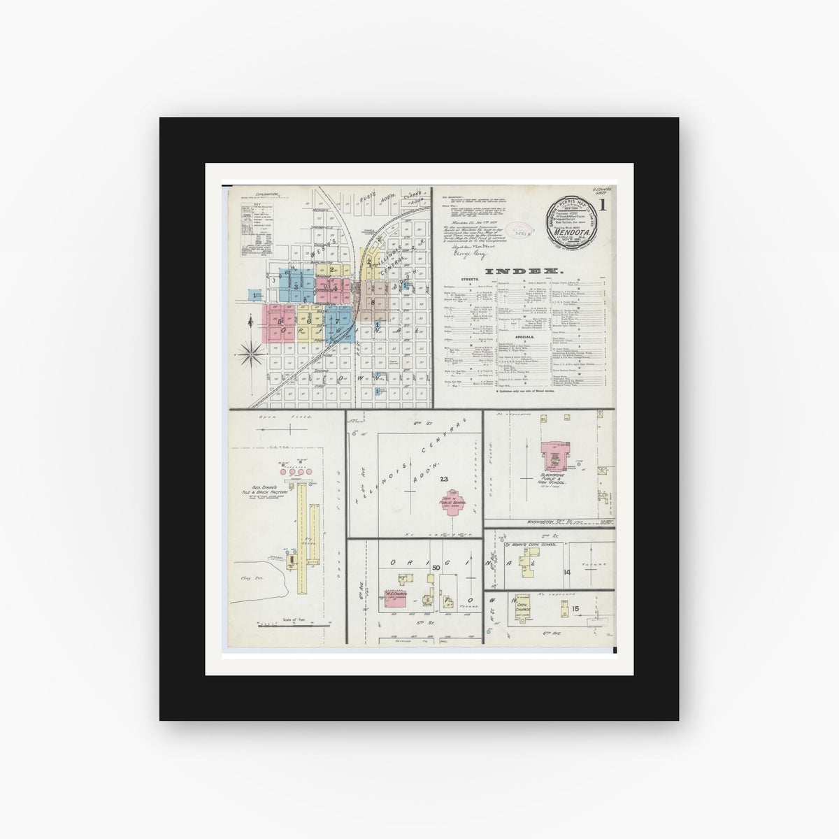 Old map wall art mockup — black gallery frame with white mat — Sanborn Fire Insurance Map from Mendota, La Salle County, Illinois (1891) - Complete Map Set