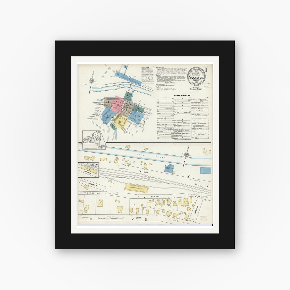Old map wall art mockup — black gallery frame with white mat — Sanborn Fire Insurance Map from Canajoharie, Montgomery County, New York (1915) - Complete Map Set