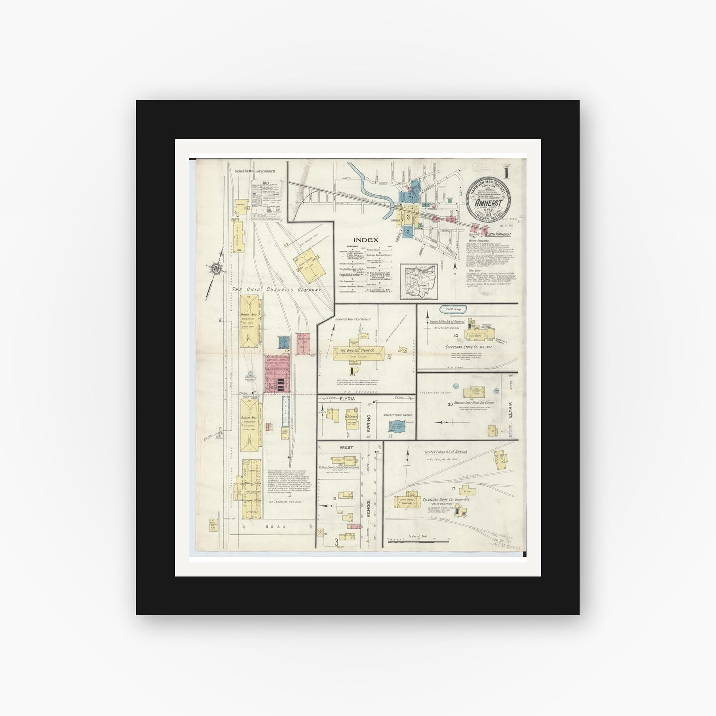 Old map wall art mockup — black gallery frame with white mat — Sanborn Fire Insurance Map from Amherst, Lorain County, Ohio (1913), Sheet #0001