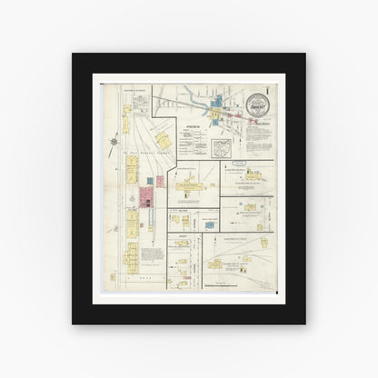 Old map wall art mockup — black gallery frame with white mat — Sanborn Fire Insurance Map from Amherst, Lorain County, Ohio (1913), Sheet #0001