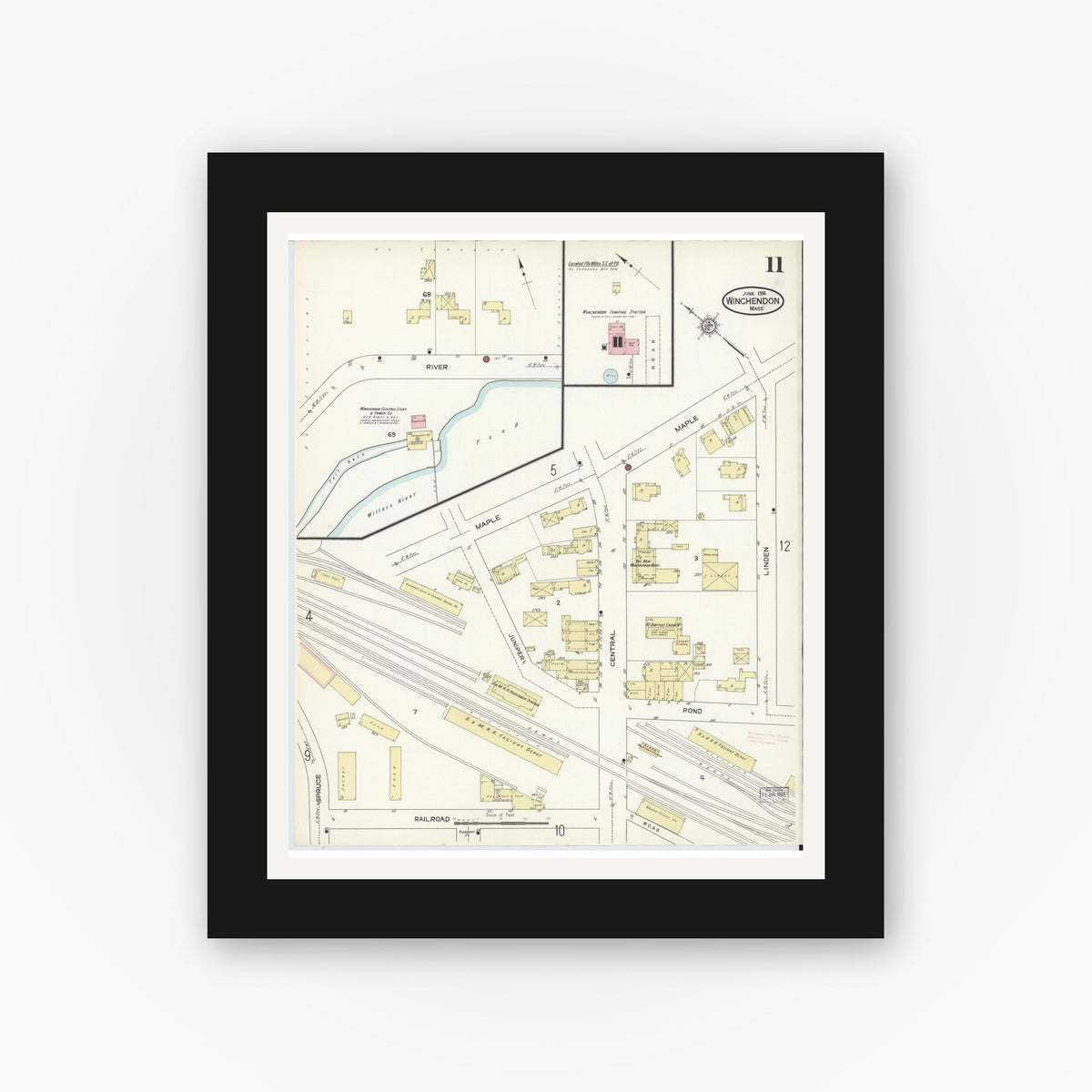 Old map wall art mockup — black gallery frame with white mat — Sanborn Fire Insurance Map from Winchendon, Worcester County, Massachusetts (1914), Sheet #0011