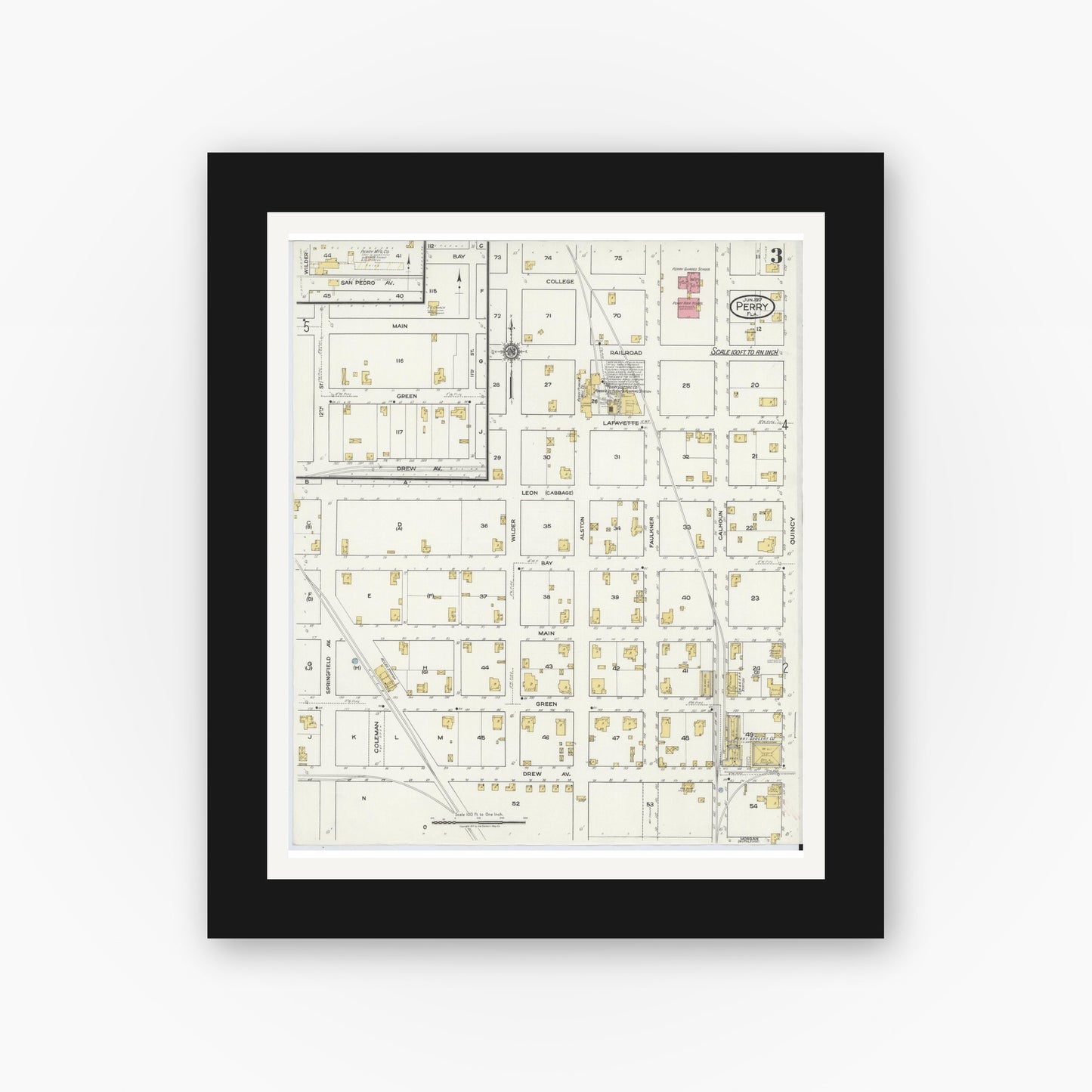 Old map wall art mockup — black gallery frame with white mat — Sanborn Fire Insurance Map from Perry, Taylor County, Florida (1917), Sheet #0003