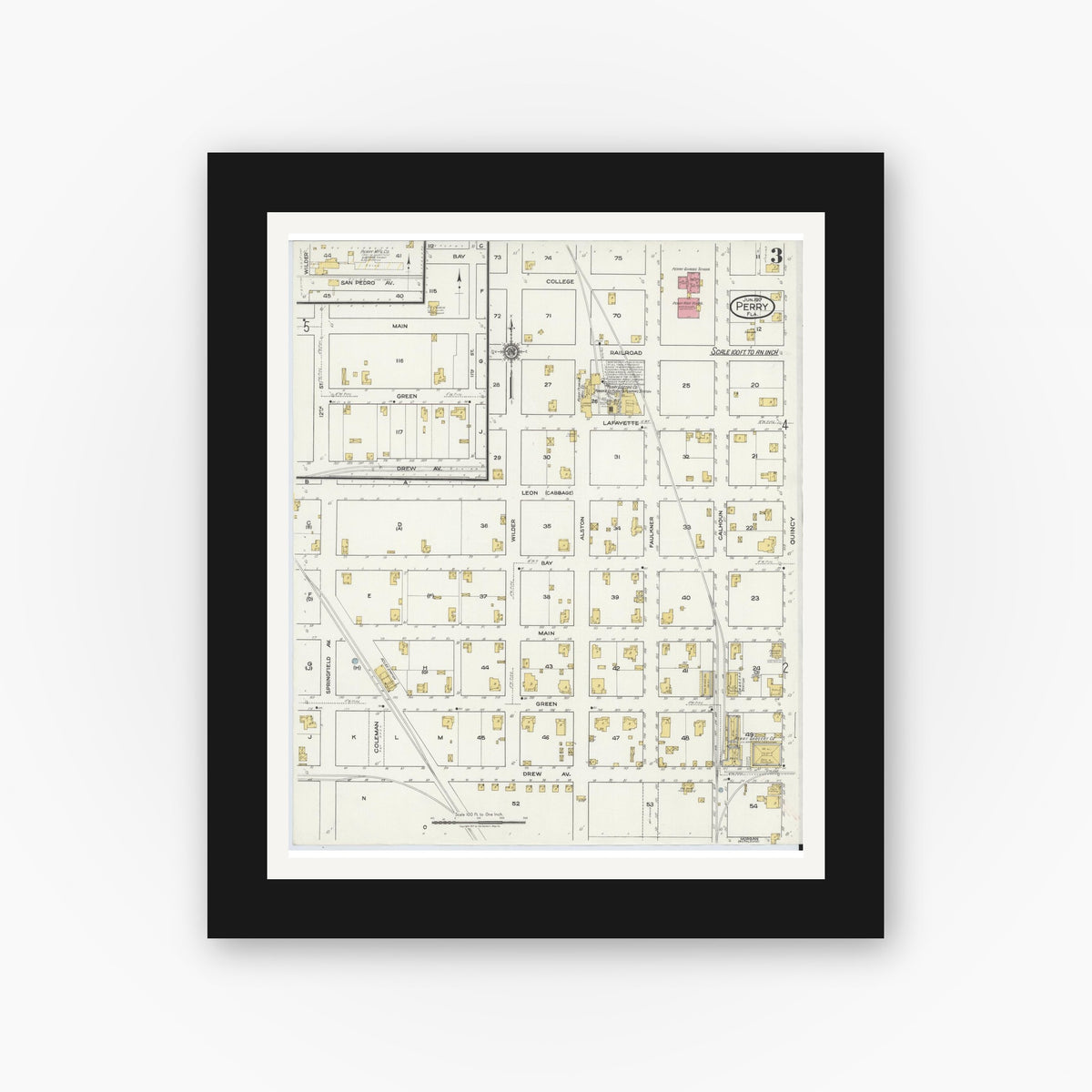 Old map wall art mockup — black gallery frame with white mat — Sanborn Fire Insurance Map from Perry, Taylor County, Florida (1917), Sheet #0003