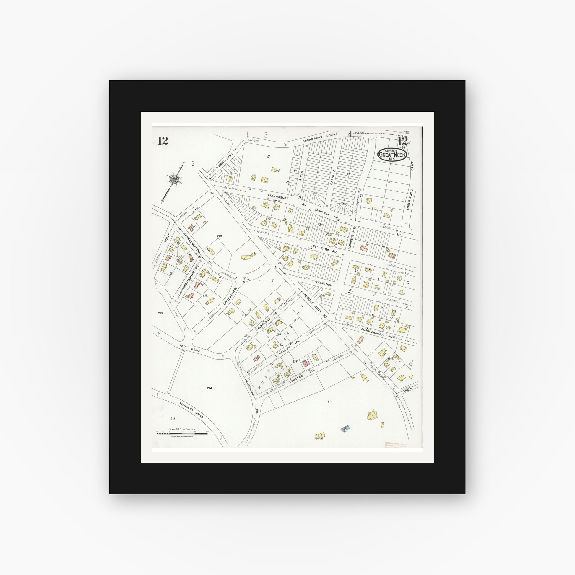 Old map wall art mockup — black gallery frame with white mat — Sanborn Fire Insurance Map from Great Neck, Nassau County, New York (1926), Sheet #0012
