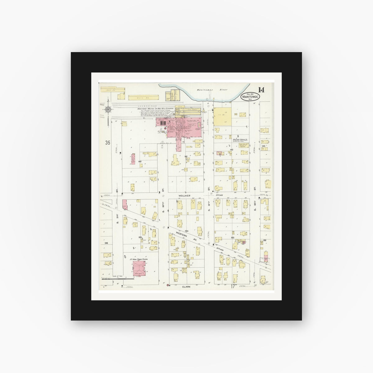 Old map wall art mockup — black gallery frame with white mat — Sanborn Fire Insurance Map from Manitowoc, Manitowoc County, Wisconsin (1912), Sheet #0014