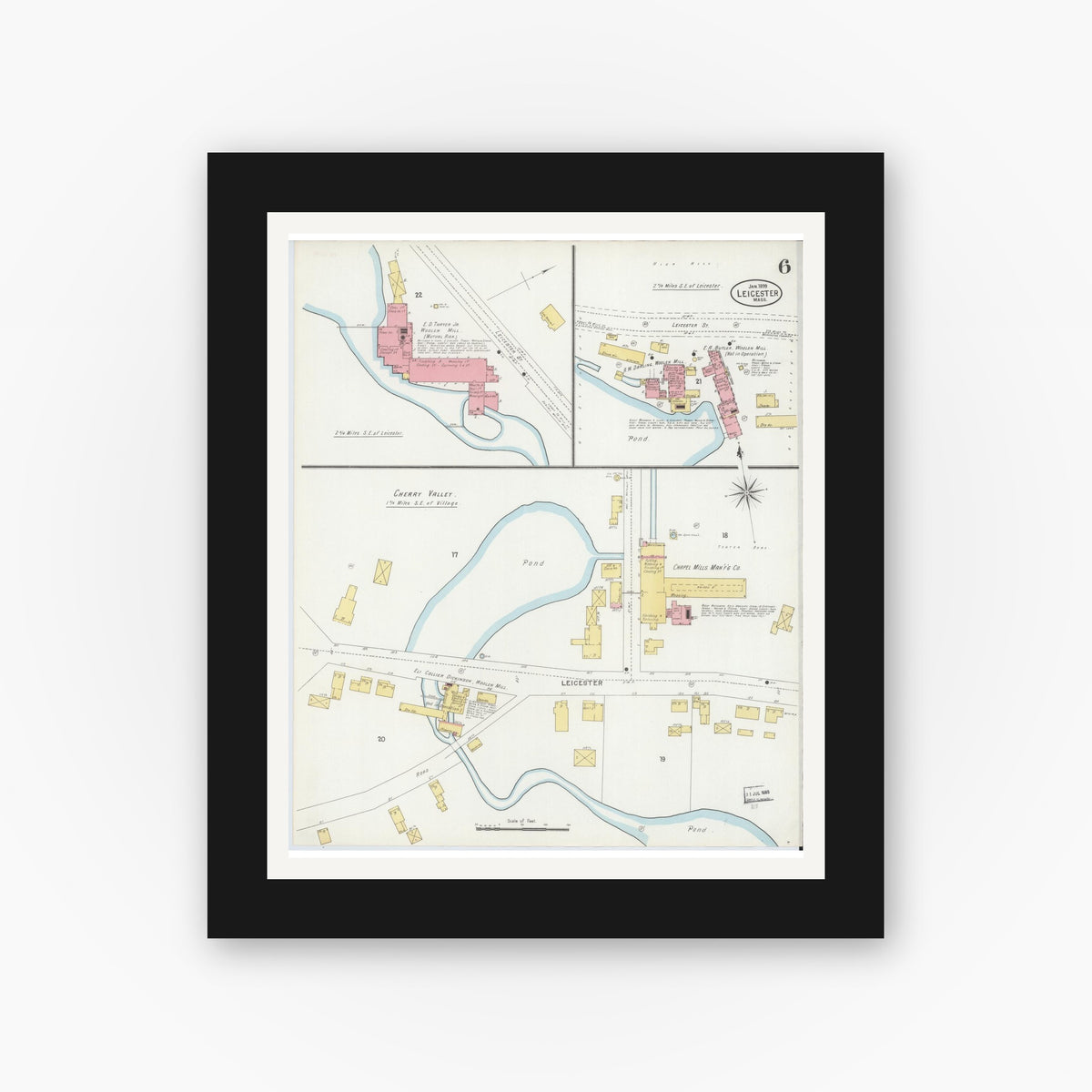Old map wall art mockup — black gallery frame with white mat — Sanborn Fire Insurance Map from Leicester, Worcester County, Massachusetts (1889), Sheet #0006