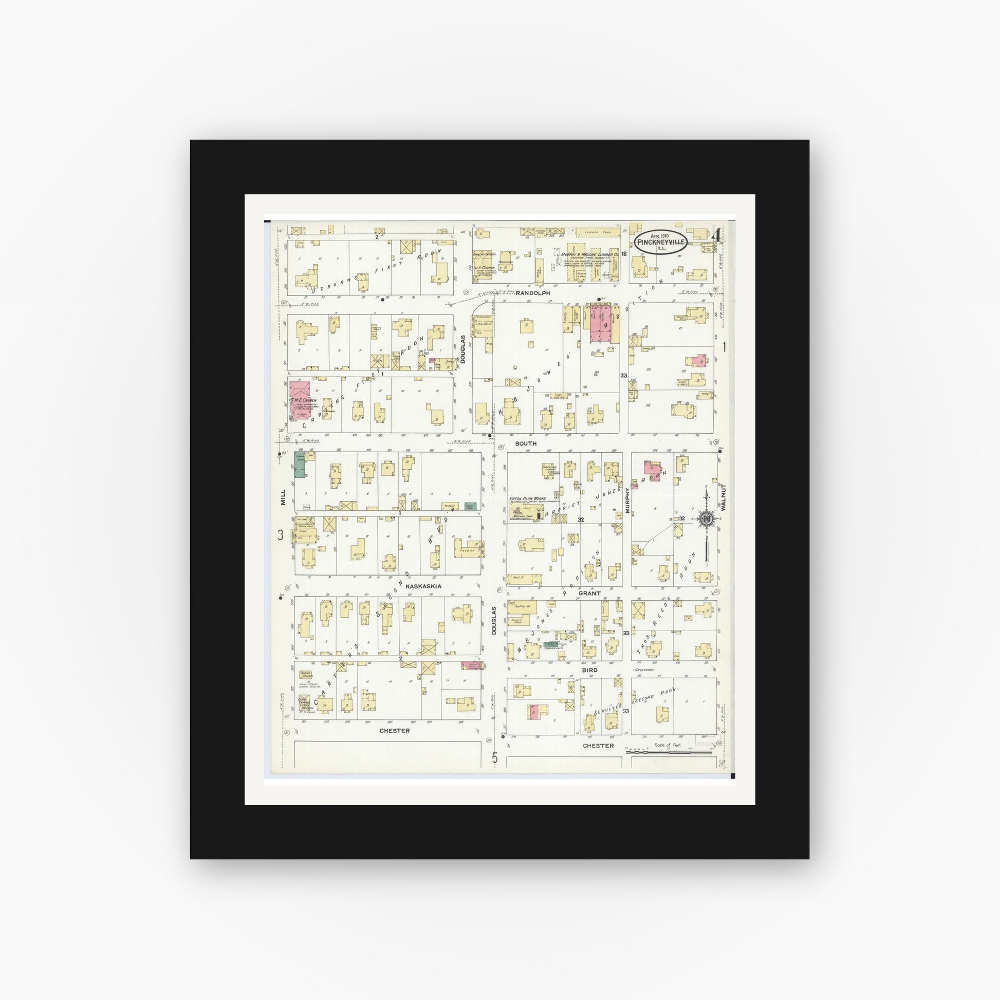 Old map wall art mockup — black gallery frame with white mat — Sanborn Fire Insurance Map from Pinckneyville, Perry County, Illinois (1910), Sheet #0004