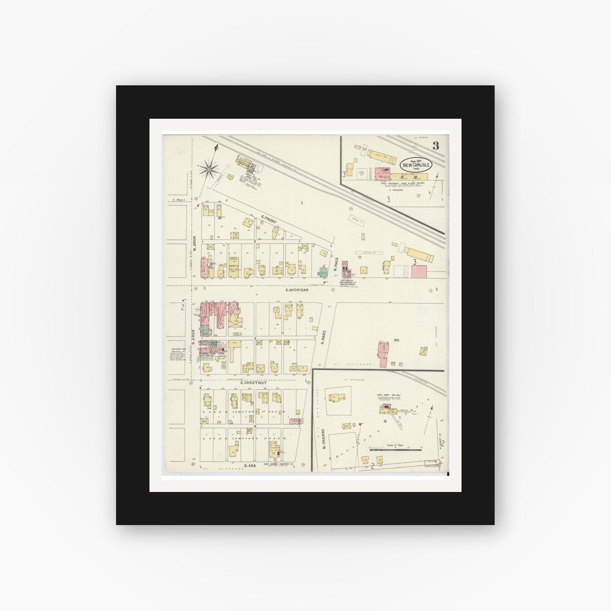 Old map wall art mockup — black gallery frame with white mat — Sanborn Fire Insurance Map from New Carlisle, Saint Joseph County, Indiana (1907), Sheet #0003