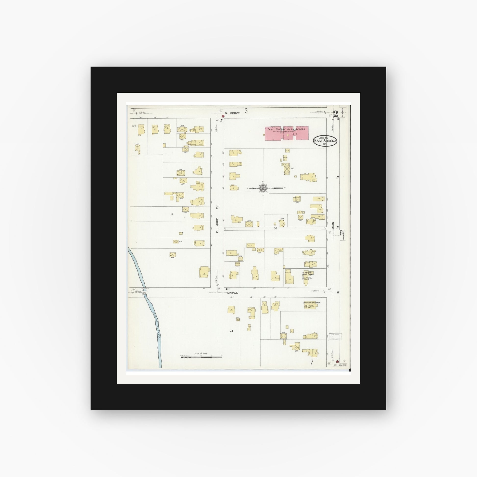 Old map wall art mockup — black gallery frame with white mat — Sanborn Fire Insurance Map from East Aurora, Erie County, New York (1912) - Complete Map Set