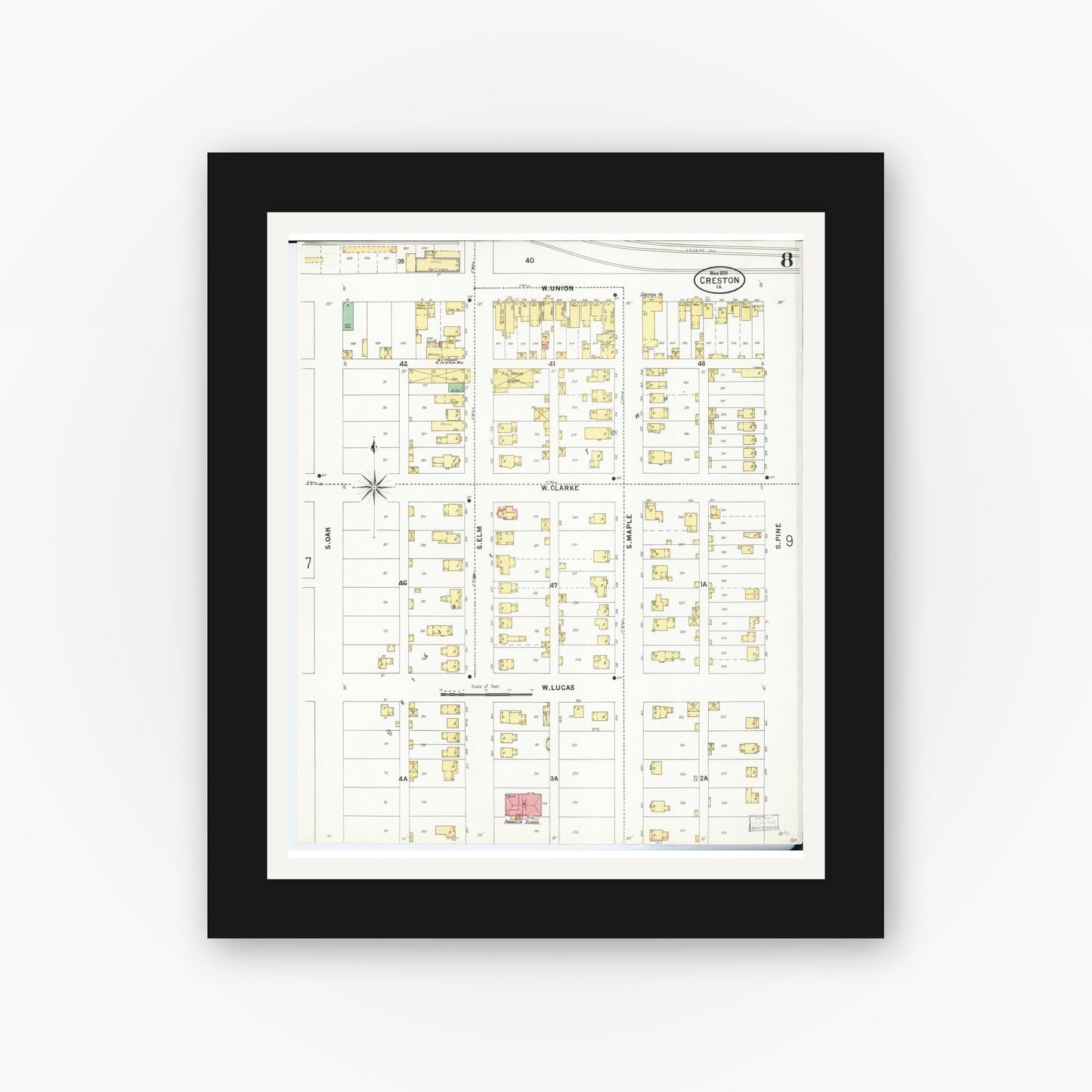 Old map wall art mockup — black gallery frame with white mat — Sanborn Fire Insurance Map from Creston, Union County, Iowa (1899), Sheet #0008