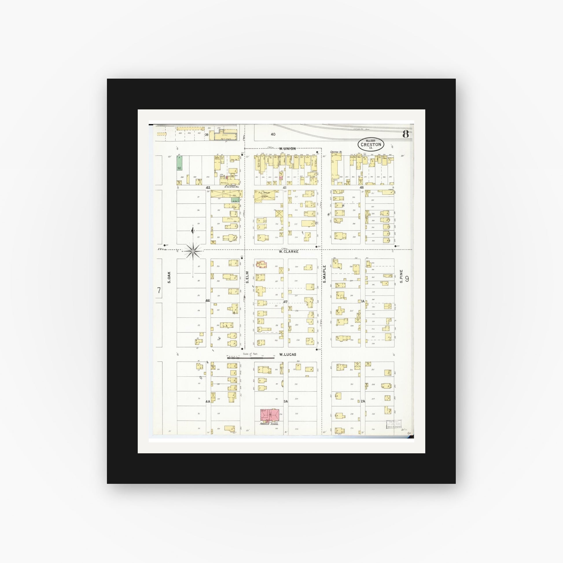 Old map wall art mockup — black gallery frame with white mat — Sanborn Fire Insurance Map from Creston, Union County, Iowa (1899), Sheet #0008