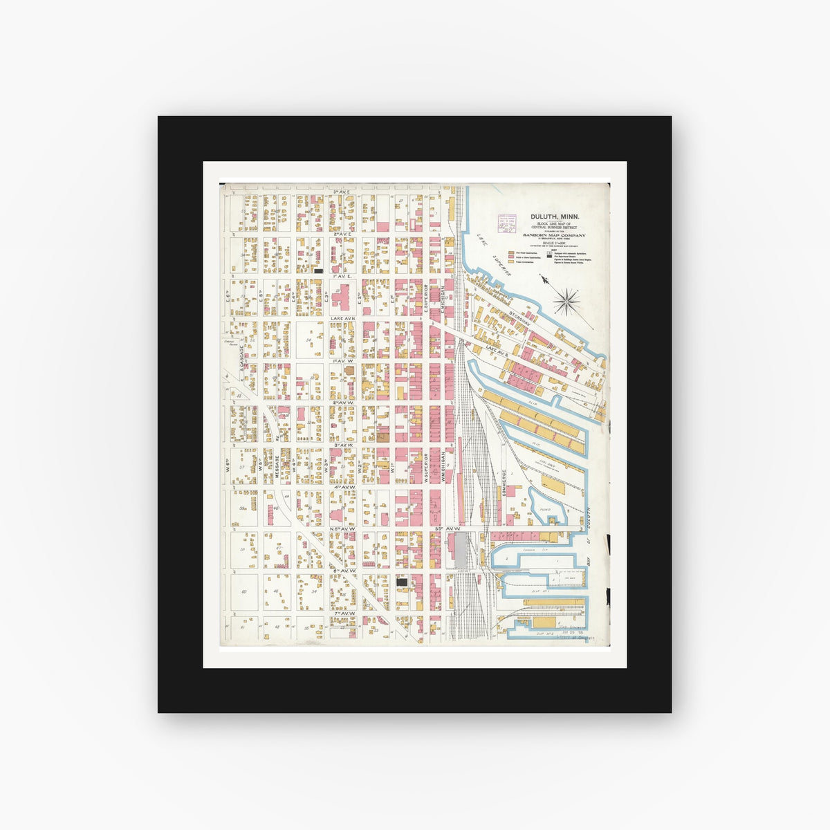 Old map wall art mockup — black gallery frame with white mat — Sanborn Fire Insurance Map from Duluth, Saint Louis County, Minnesota (1906), Sheet #0001
