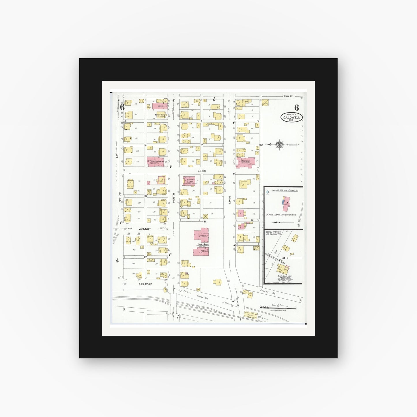 Old map wall art mockup — black gallery frame with white mat — Sanborn Fire Insurance Map from Caldwell, Noble County, Ohio (1923), Sheet #0006