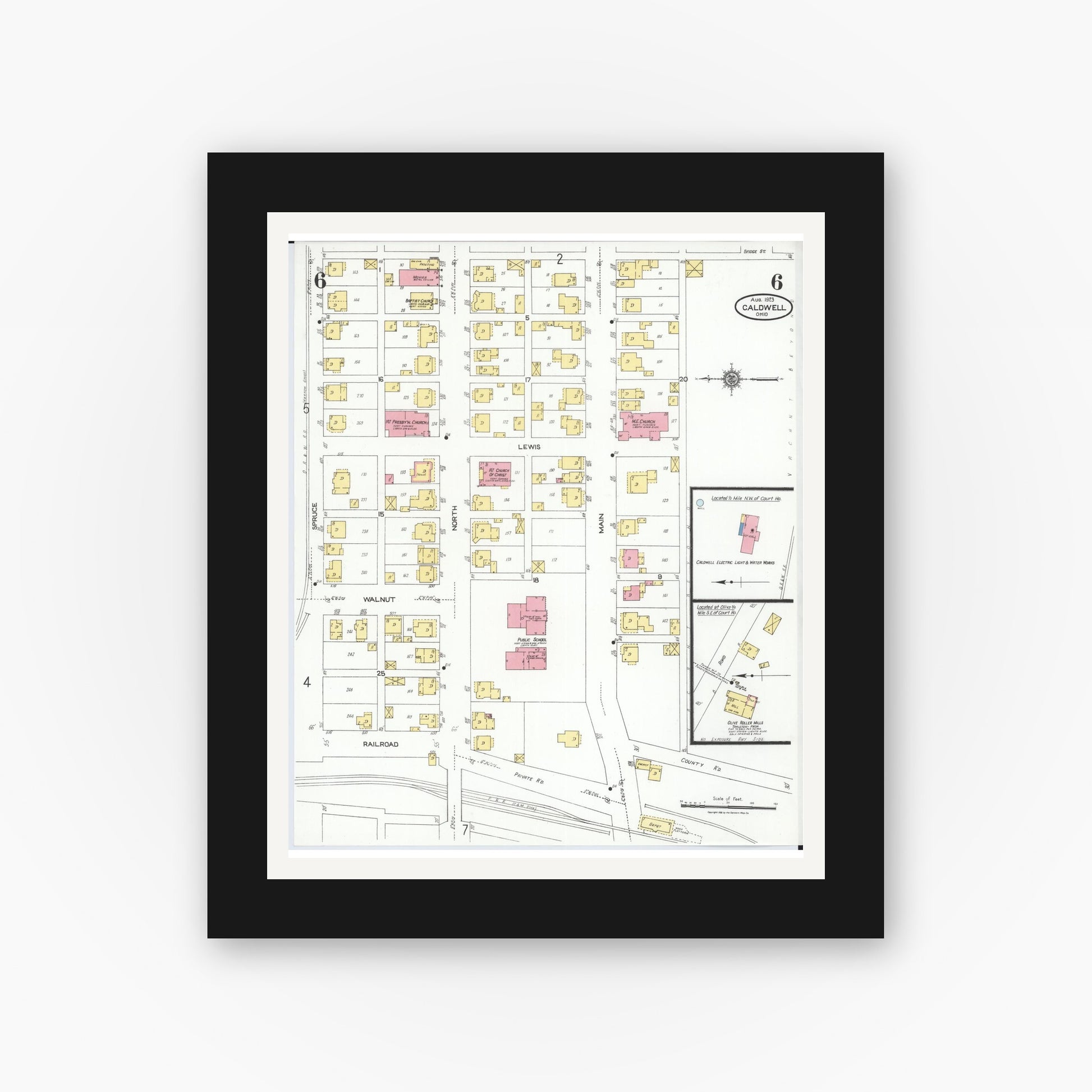 Old map wall art mockup — black gallery frame with white mat — Sanborn Fire Insurance Map from Caldwell, Noble County, Ohio (1923), Sheet #0006
