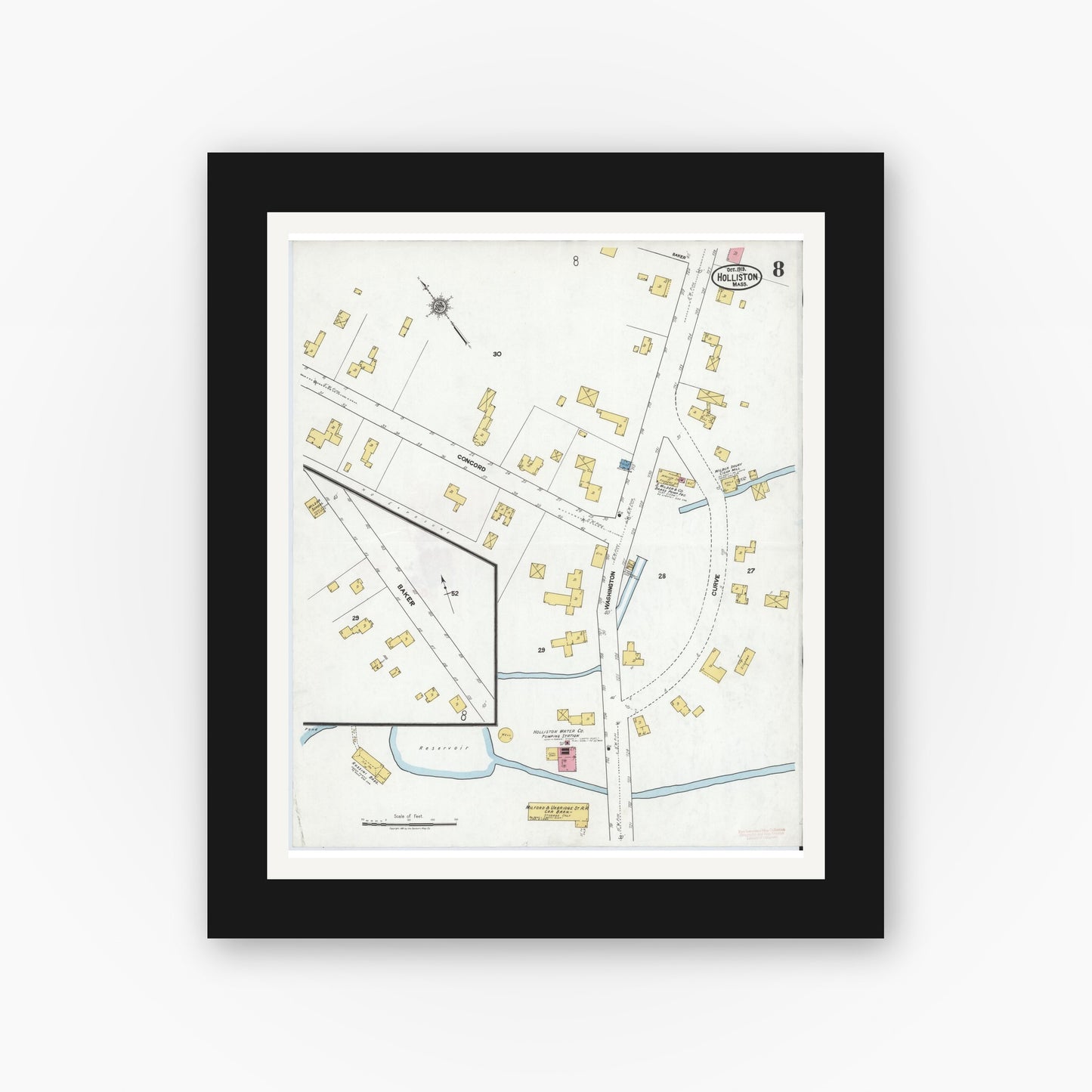 Old map wall art mockup — black gallery frame with white mat — Sanborn Fire Insurance Map from Holliston, Middlesex County, Massachusetts (1919), Sheet #0008