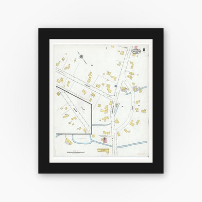 Old map wall art mockup — black gallery frame with white mat — Sanborn Fire Insurance Map from Holliston, Middlesex County, Massachusetts (1919), Sheet #0008