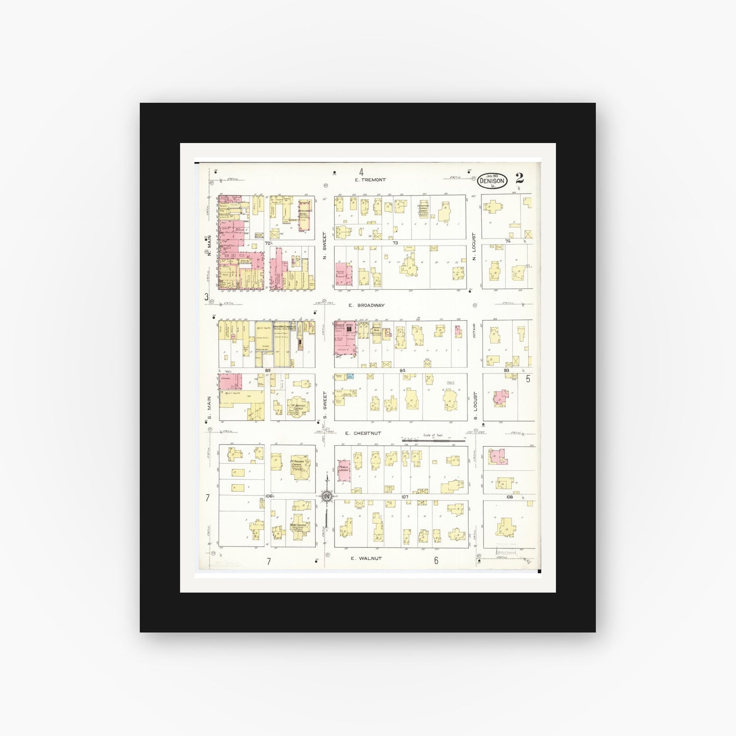 Old map wall art mockup — black gallery frame with white mat — Sanborn Fire Insurance Map from Denison, Crawford County, Iowa (1913), Sheet #0002