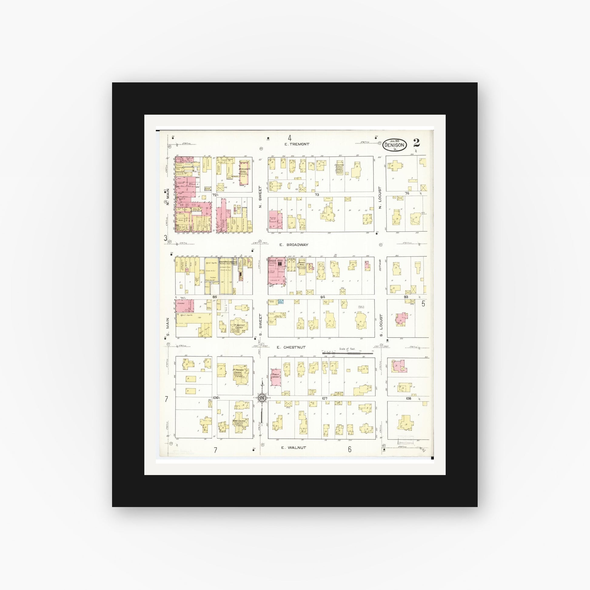 Old map wall art mockup — black gallery frame with white mat — Sanborn Fire Insurance Map from Denison, Crawford County, Iowa (1913), Sheet #0002