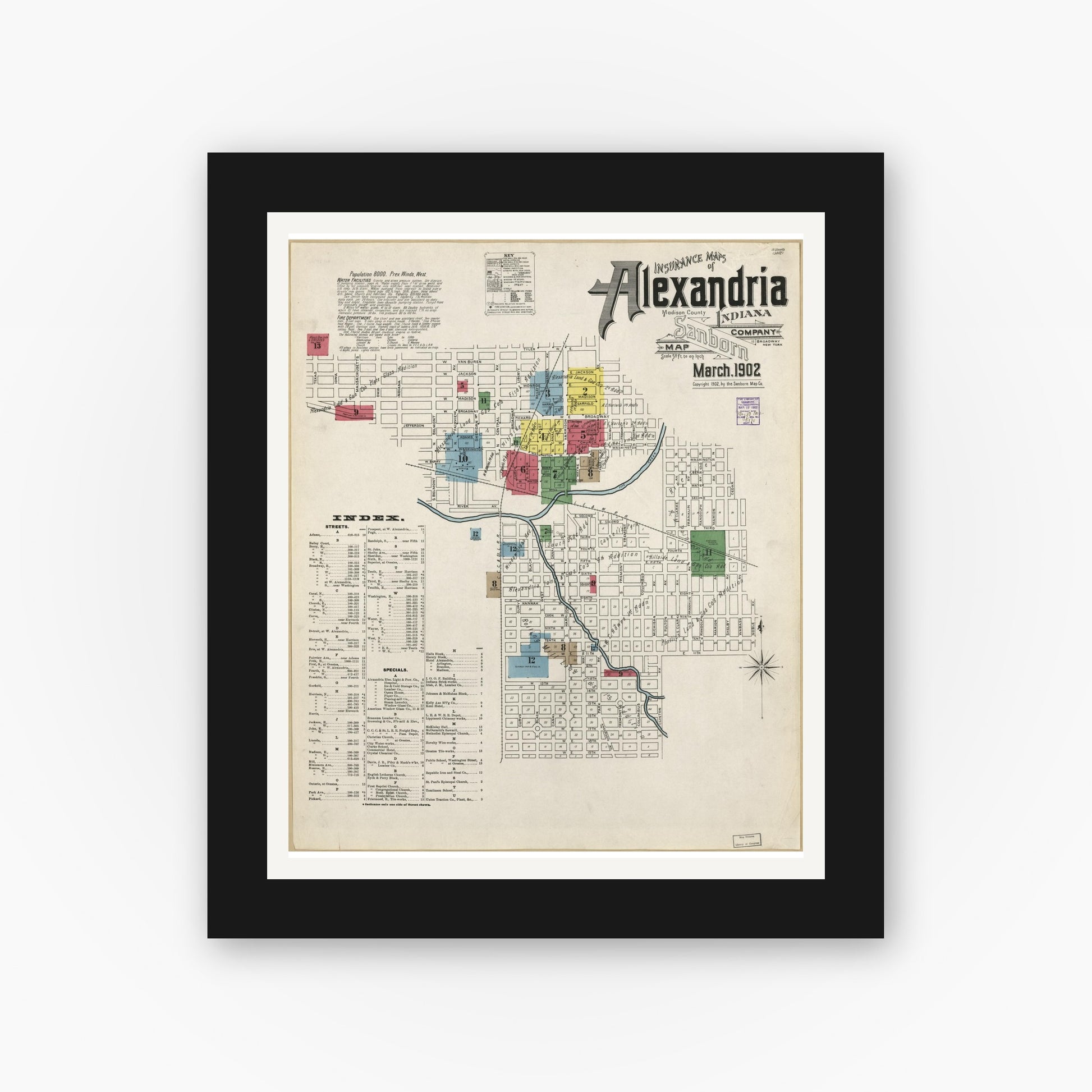Old map wall art mockup — black gallery frame with white mat — Sanborn Fire Insurance Map from Alexandria, Madison County, Indiana (1902), Sheet #0001