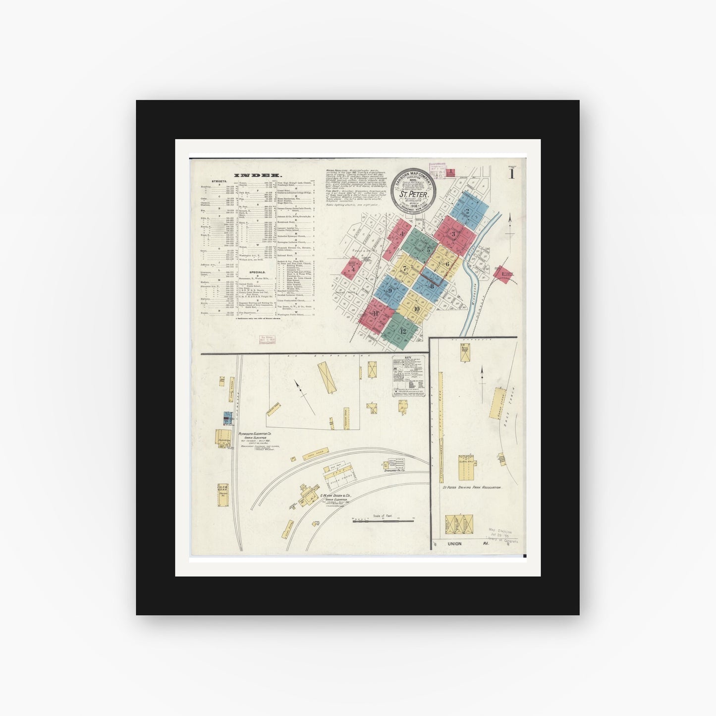 Old map wall art mockup — black gallery frame with white mat — Sanborn Fire Insurance Map from Saint Peter, Nicollet County, Minnesota (1908) - Complete Map Set